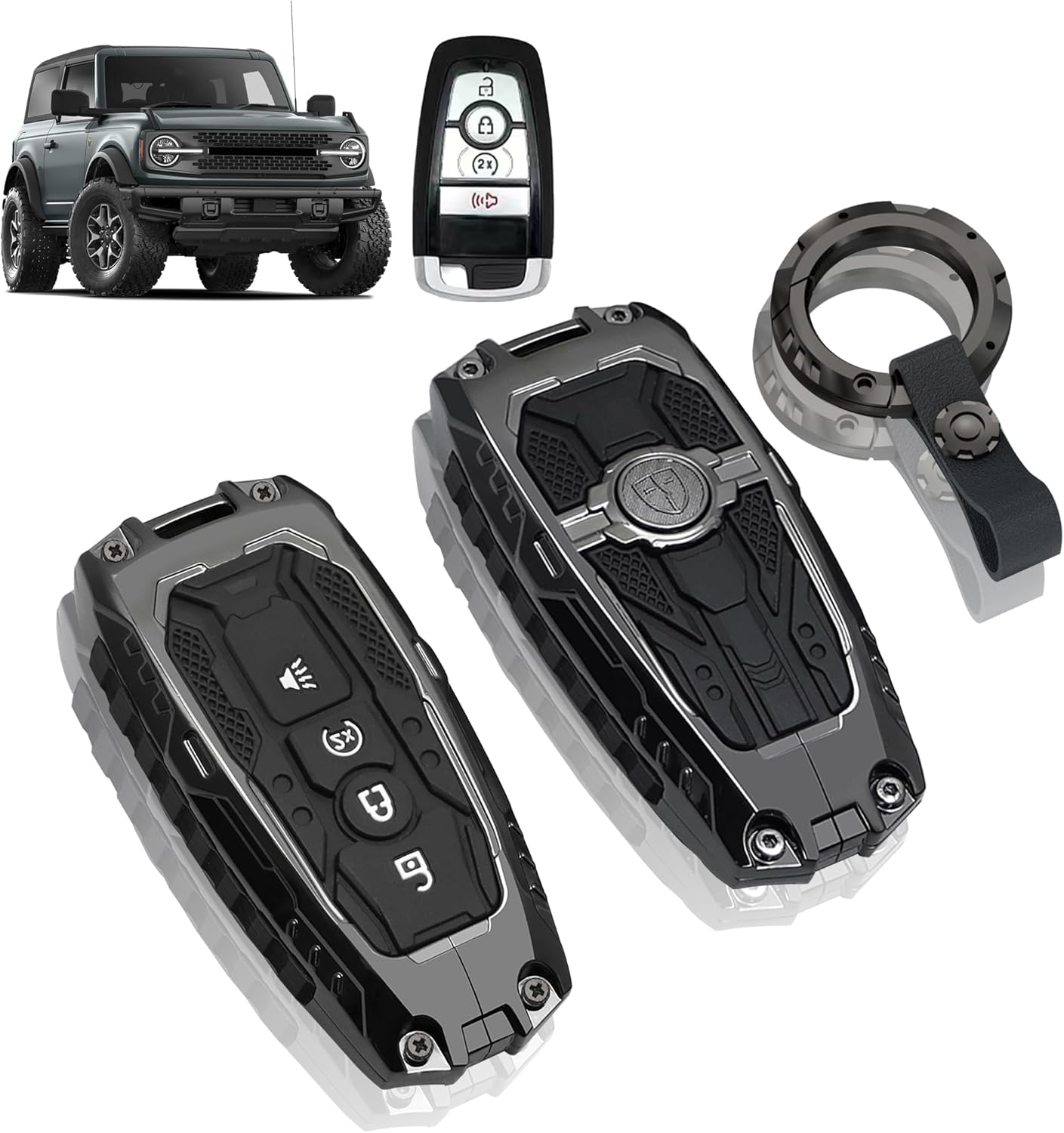 MAIKER Key Fob Cover for Ford Bronco 2021-2024 Metal Key Protective Case with Keychain Full Protection Key Fob Case Compatible with Ford Bronco 2021 2022 2023 2024