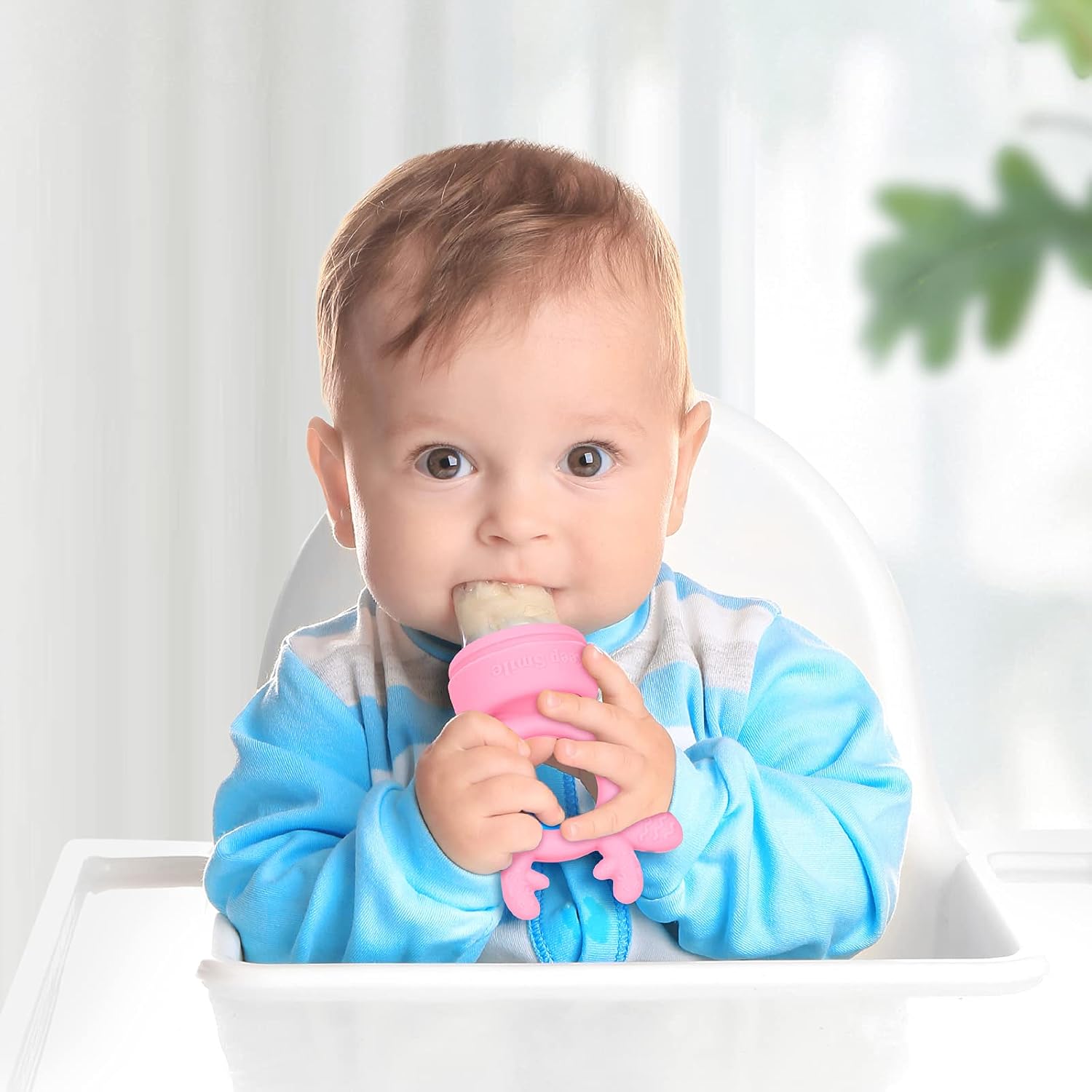 SHARE&CARE Fresh Food Feeder Pacifier (2 Pack) Includes 3 Sizes Replaceable Silicone Pouches Food Grade Silicone Fresh Fruit Feeders (Blue-Purple)