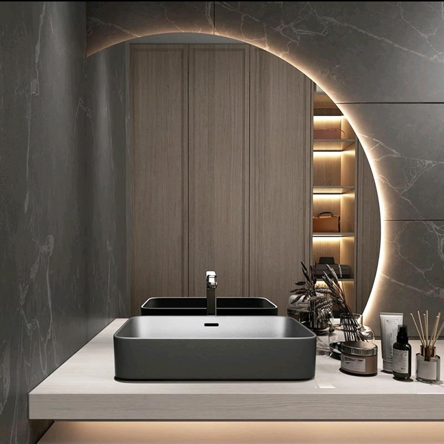 Irregular Semicircle LED Bathroom Mirror, Large Wall Mirrors With Anti-Fog, Dimmable, HD, Explosion Proof, 3 Colors LED Light, 50CM|60CM|70CM|80CM|90CM LED Vanity Mirror ( Color : Left cut , Size : 80