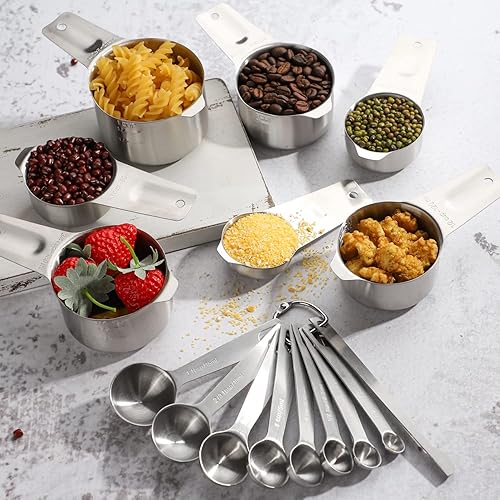 Miniatura 7 de Juego de tazas y cucharas medidoras de acero inoxidable, 7 tazas medidoras apilables, 8 cucharas medidoras anidables y 1 nivelador para ingredientes