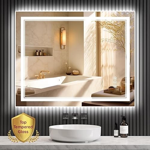 Espejo de baño LED de 40 x 32 pulgadas con luces, espejo de baño iluminado antivaho regulable, 3 colores, CRI 90+, vidrio templado, función de