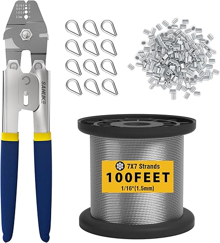 Sanuke Kit de herramientas de prensado de cuerda de alambre, cable de acero inoxidable de 100 pies y 116 pulgadas, núcleo de hebra de 7 x 7, 100
