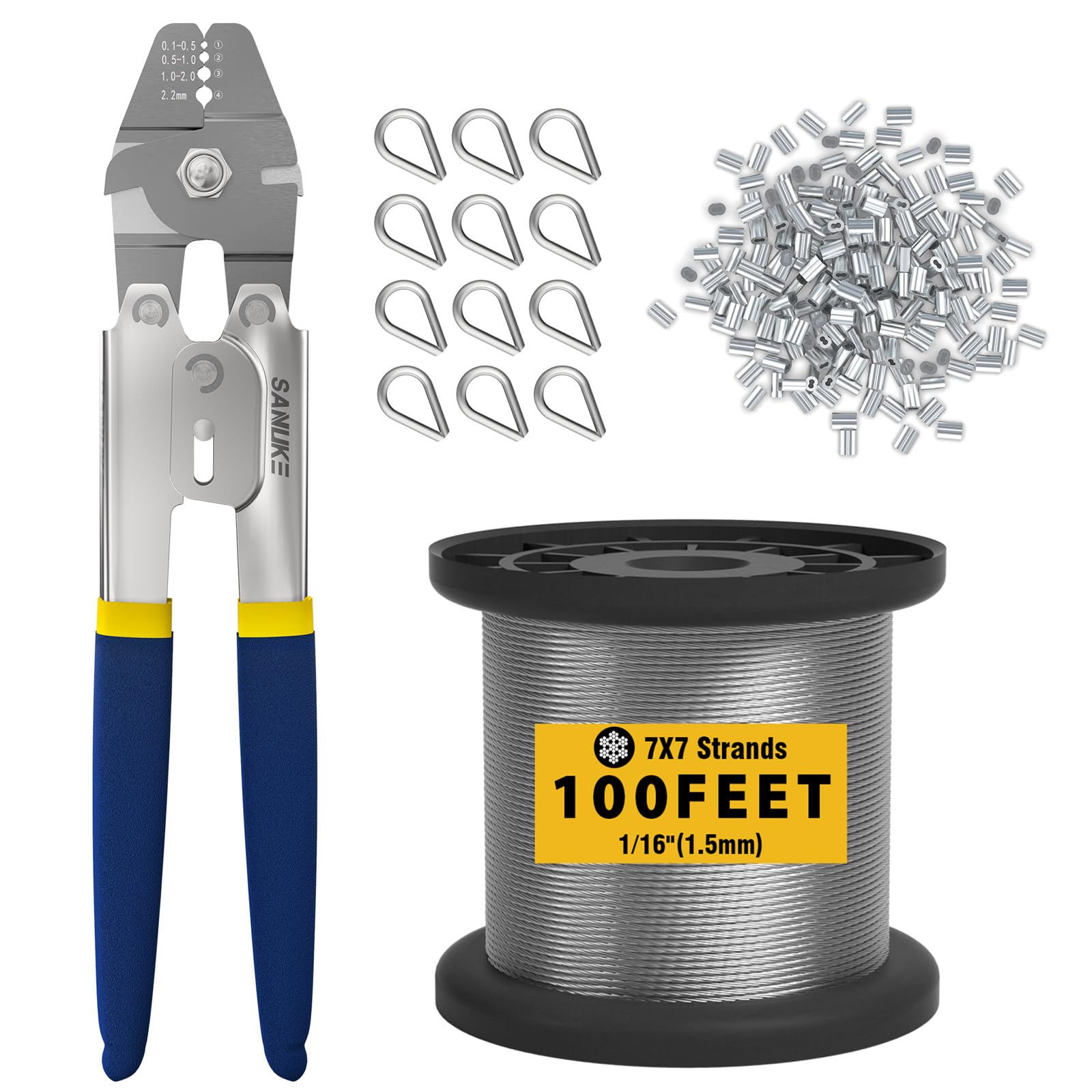 Kit de sertissage Sanuke avec câble en acier inoxydable 7x7 brins pour une structure durable