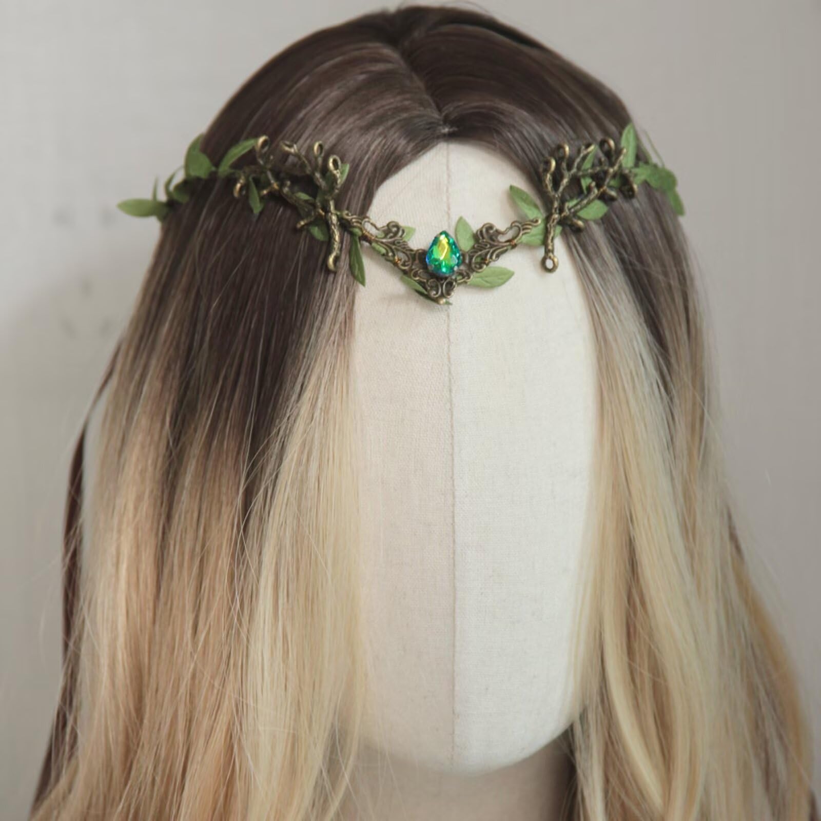Corona di fiori da fata rinascimentale, corona da elfo verde a forma di V, copricapo dei boschi fatto a mano, cerchietto con foglie di foresta per costume da donna, Halloween, Cosplay F