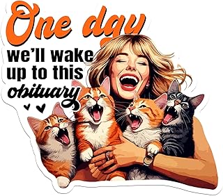 One Day Well Wake Up to His Obituary Sticker Cat Lady Feminism Retro 70s Decal Waterproof Vinyl Decal for Water Bottles Tumbler Laptop Hard Hat Car Kindle Gifts for Girl Boy