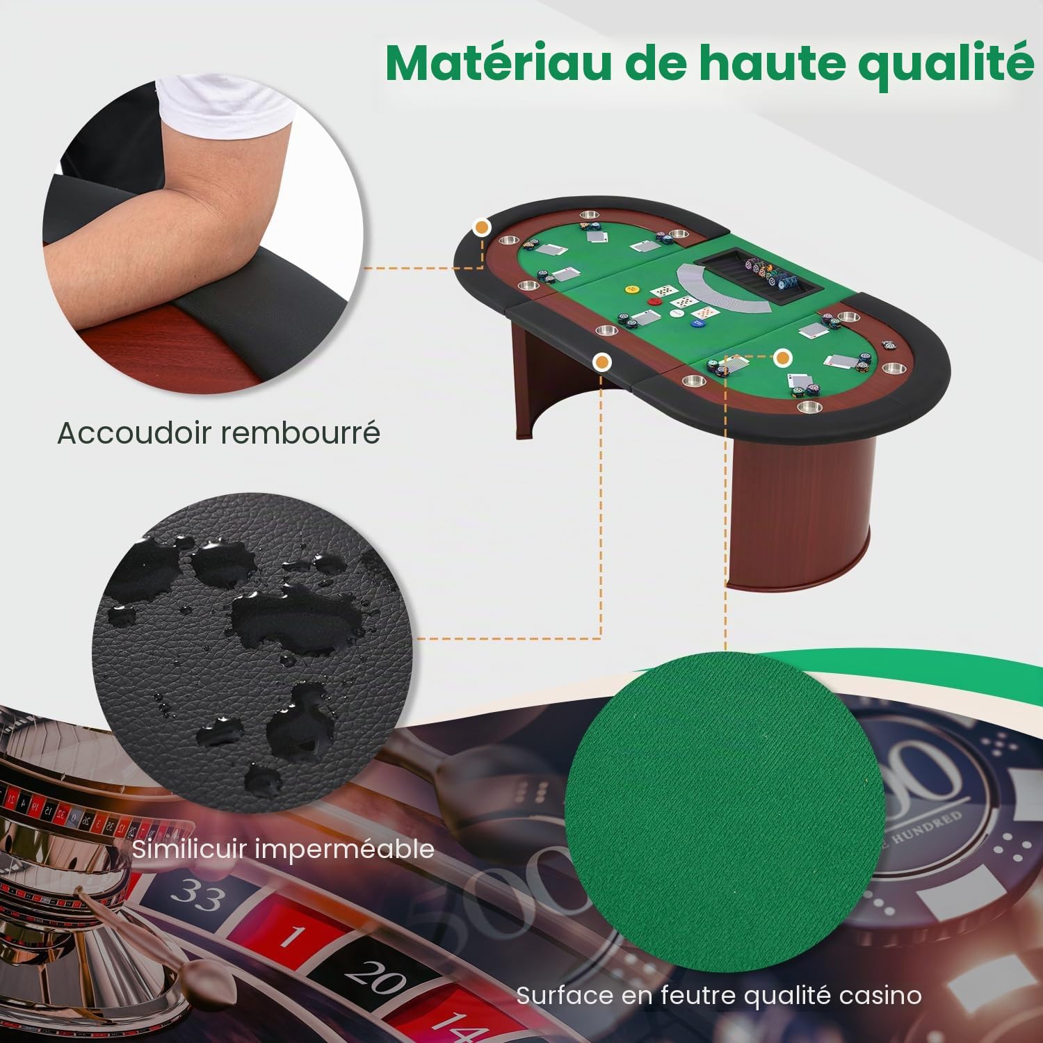 AVAWING Table de poker pour 10 joueurs, table de jeu avec 9 porte-gobelets, plateau à puce amovible et repose-bras rembourré, marron et vert