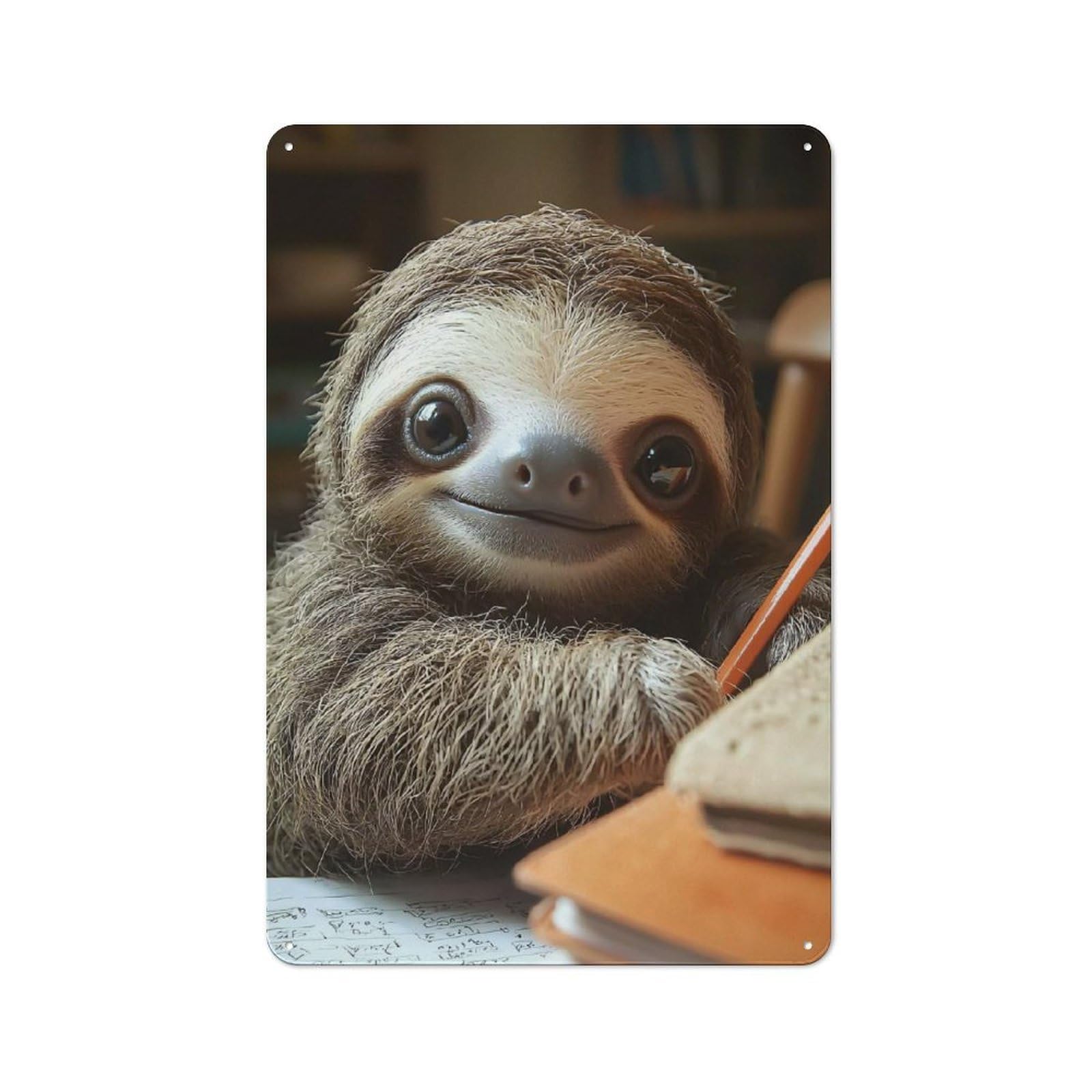 Cute Sloth Studying Country Vintage Metal Wall Decor 30x20cm, Decorative Tin Sign for Cottage, Kitchen, Hallway Or Breakfast Nook