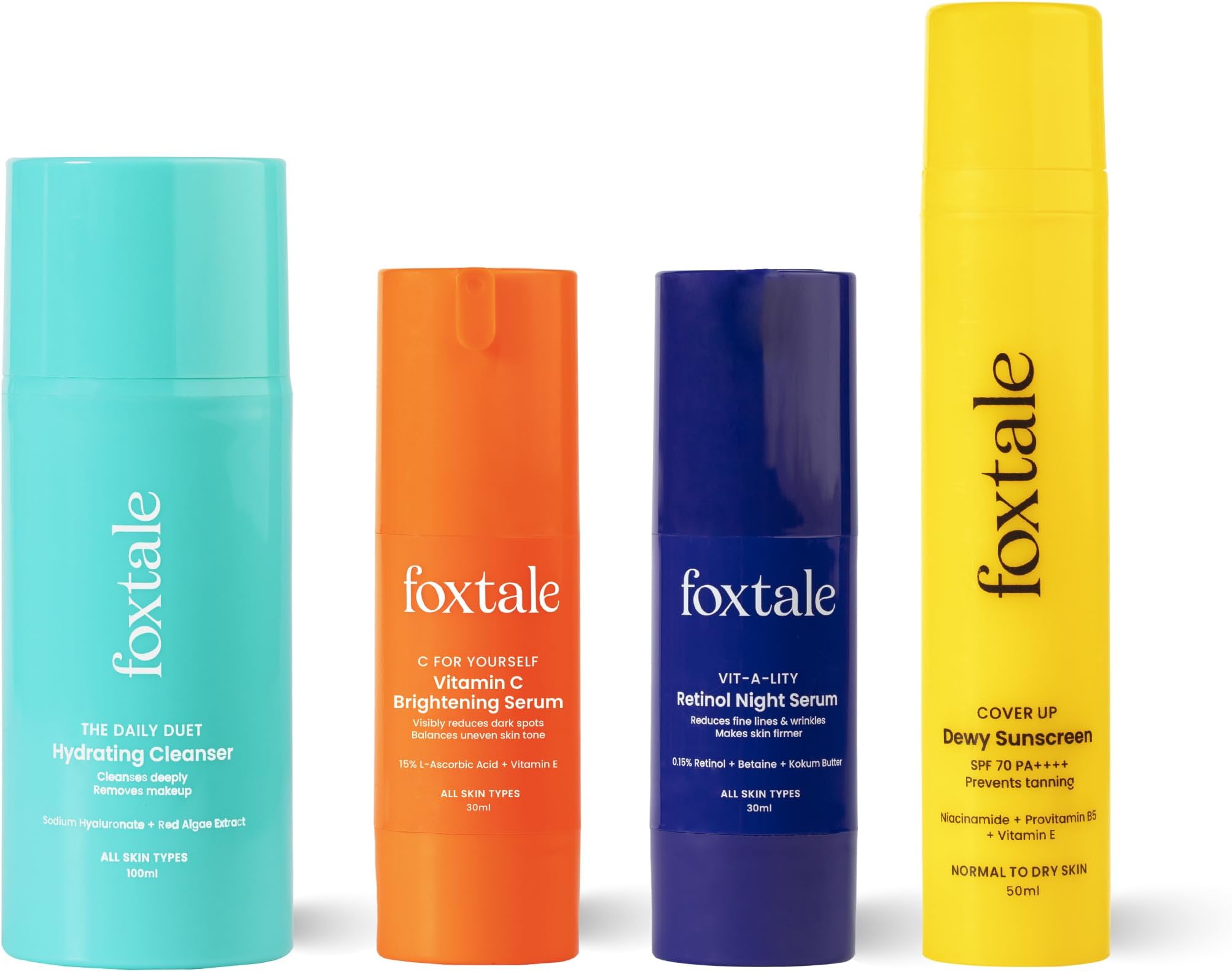 Age Defender Routine (Dewy) Skin Care Kit | Retinol Night Serum 30ml + Vitamin C Face Serum 30ml + Cleanser Face Wash 100ml + Dewy Finish Sunscreen 50ml