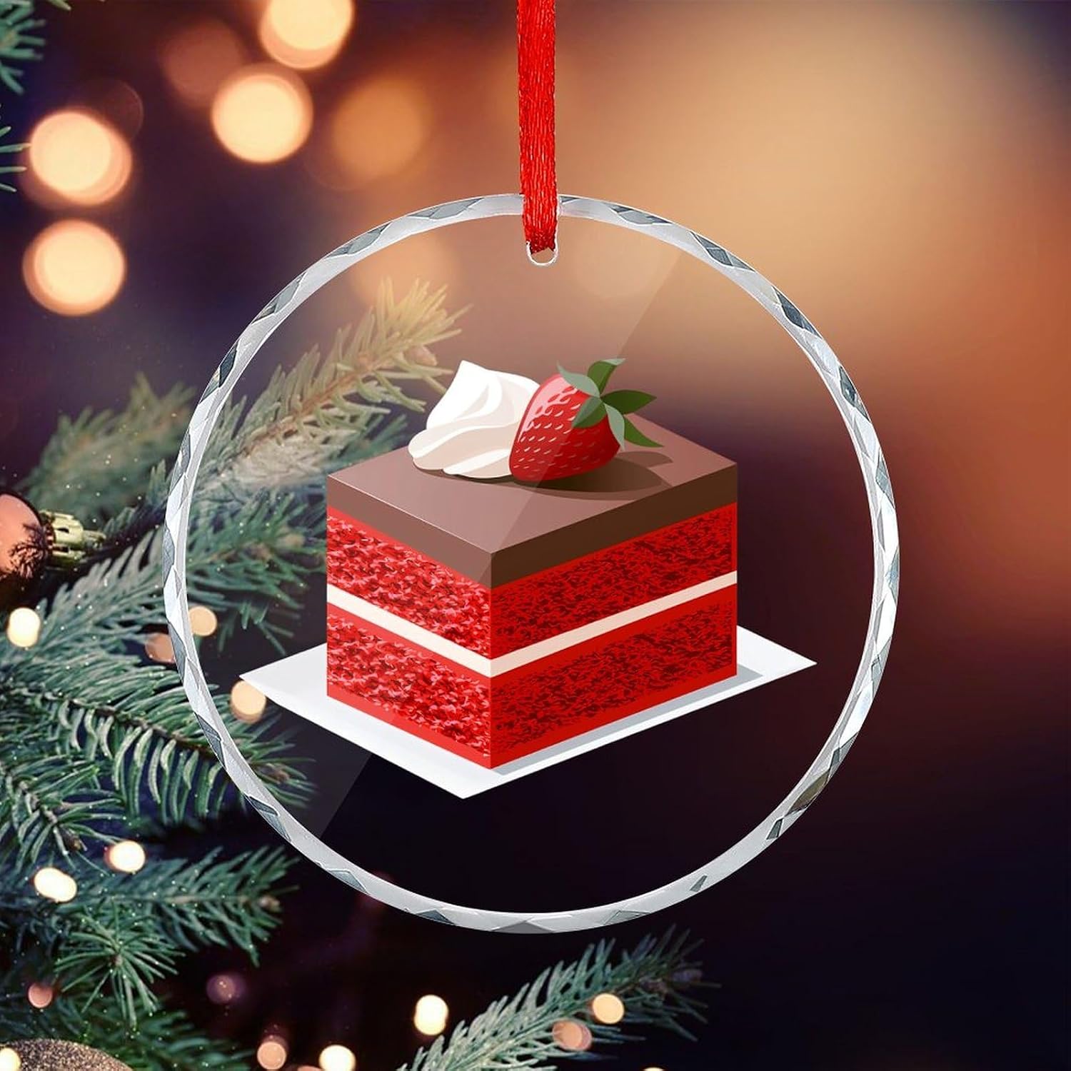 Red Velvet Strawberry Cake Christmas Decor Round Hanging Drop Pendant