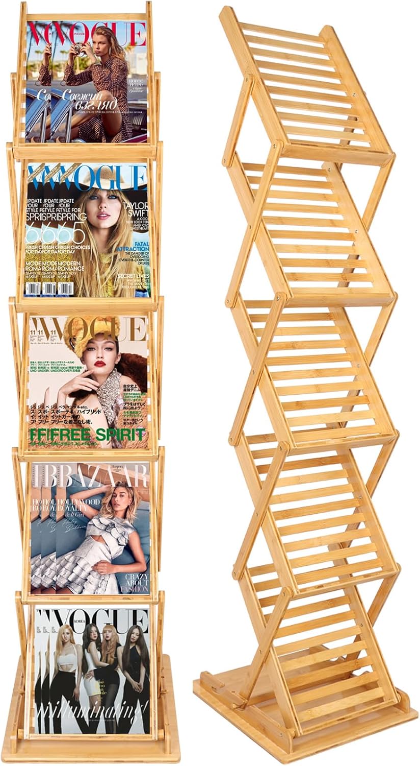 DuvinDD Foldable Bamboo Magazine Rack Floor, Portable Pop-up Display Stand, Magazine Rack 5 Pockets, A4 Size, for Trade Shows, Office, Retail Store, Craft Shows, 57 inch Tall