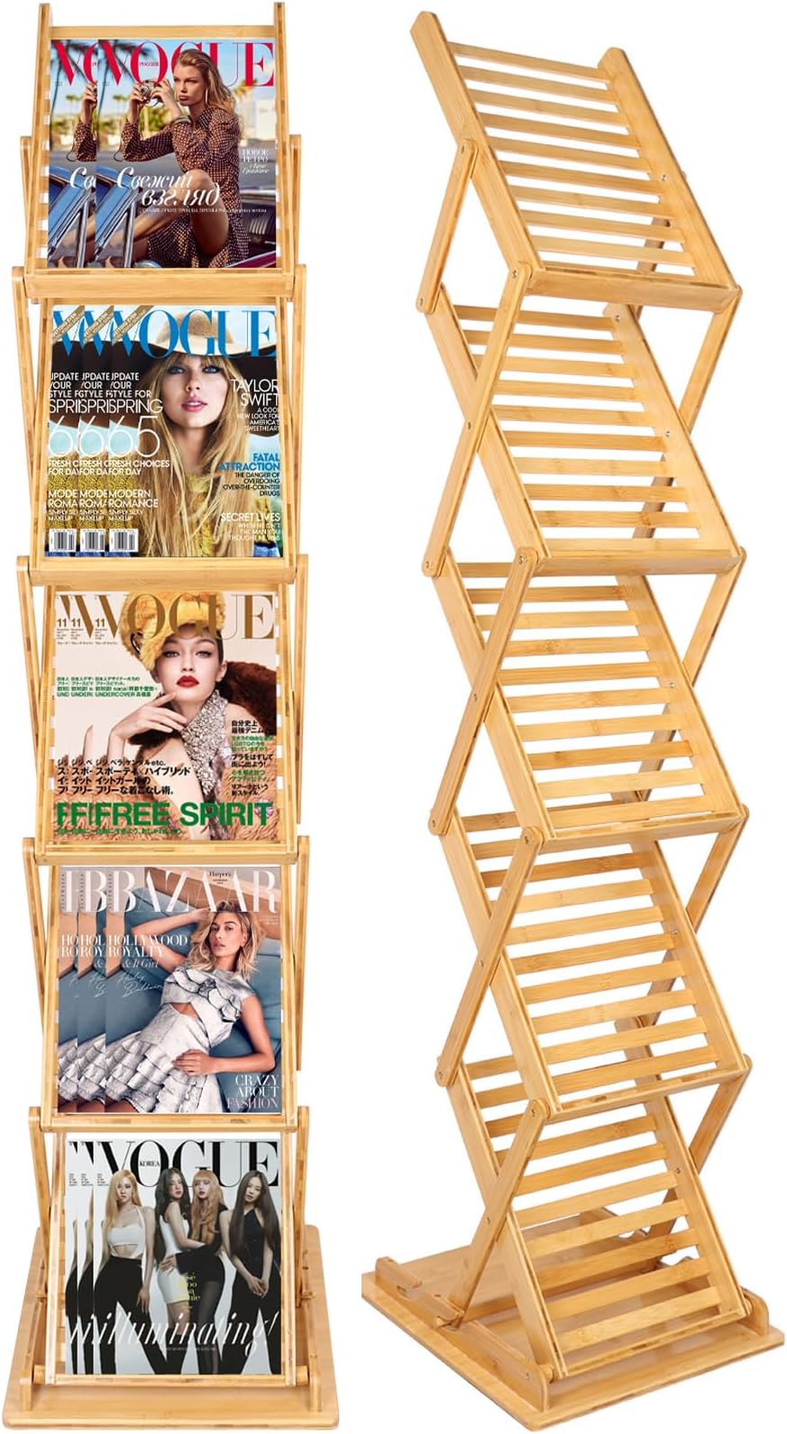 DuvinDD 5-Shelf Magazine Holder Rack Floor, Foldable Brochure Display Stand, Adjustable Height Wooden Literature Rack Bookshelf for File, Flyer, Pamphlet, Book for Home Office Exhibition Trade Show