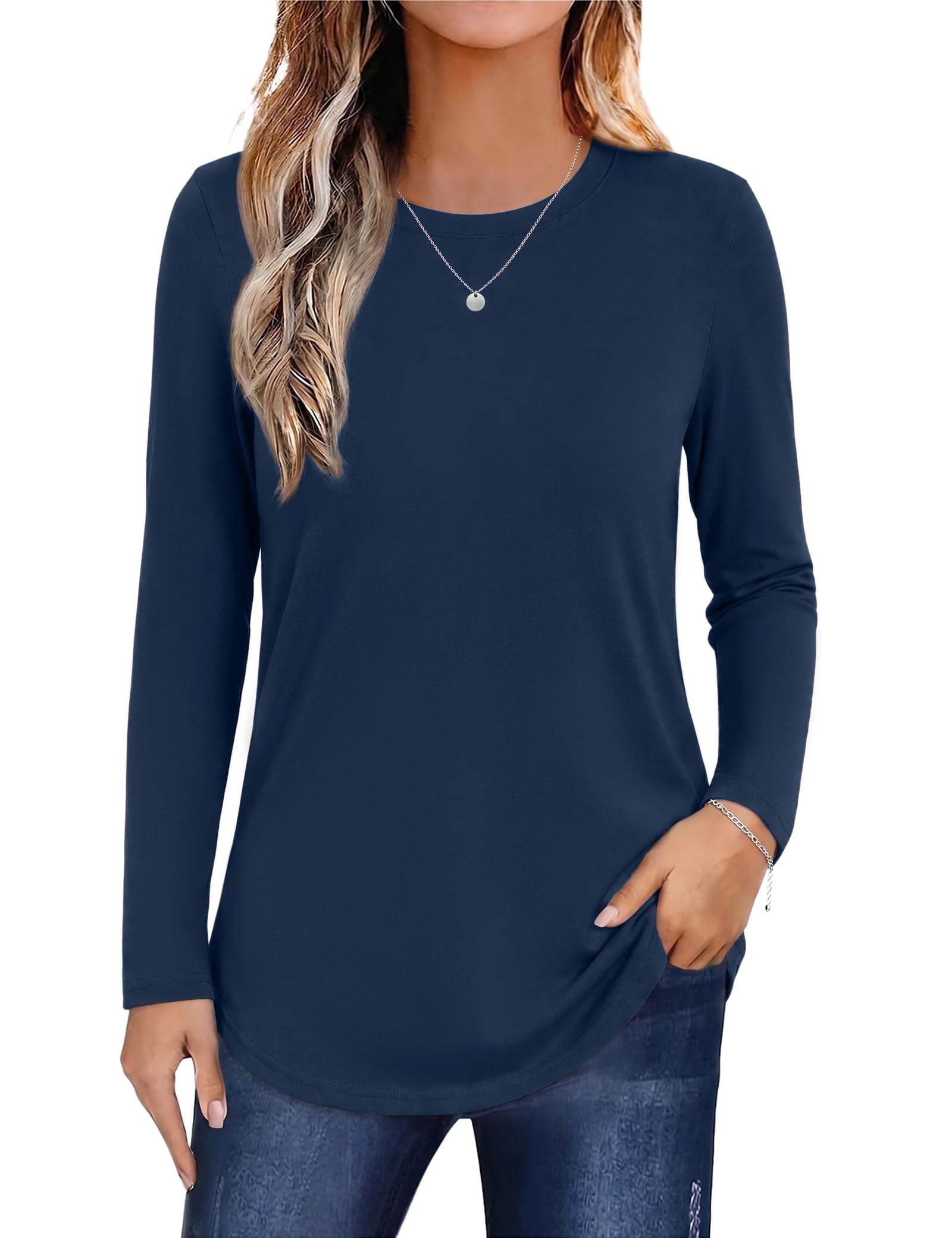 Aottori Langarmshirt Damen Baumwolle Rundhals Basic Oberteil Locker Elegant | Longsleeve, Stretch, Top, Herbst Frühling, Einfarbig, Dünn Pullover, Shirt Langarm