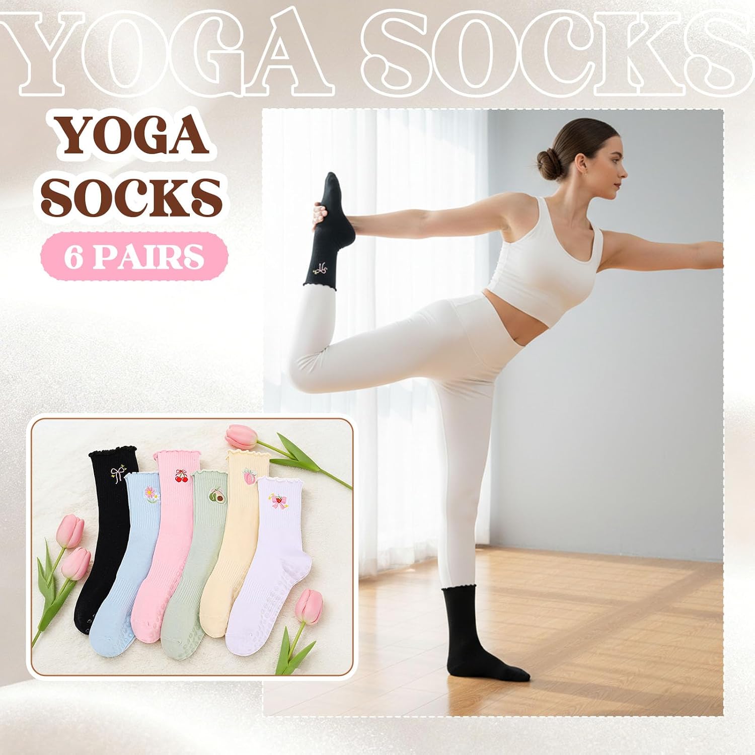 6 Pairs Women Pliates Socks, Cute Non-Slip Ruffle Yoga Sock, Grippy Socks for Pliates Barre Ballet Workout Hospital
