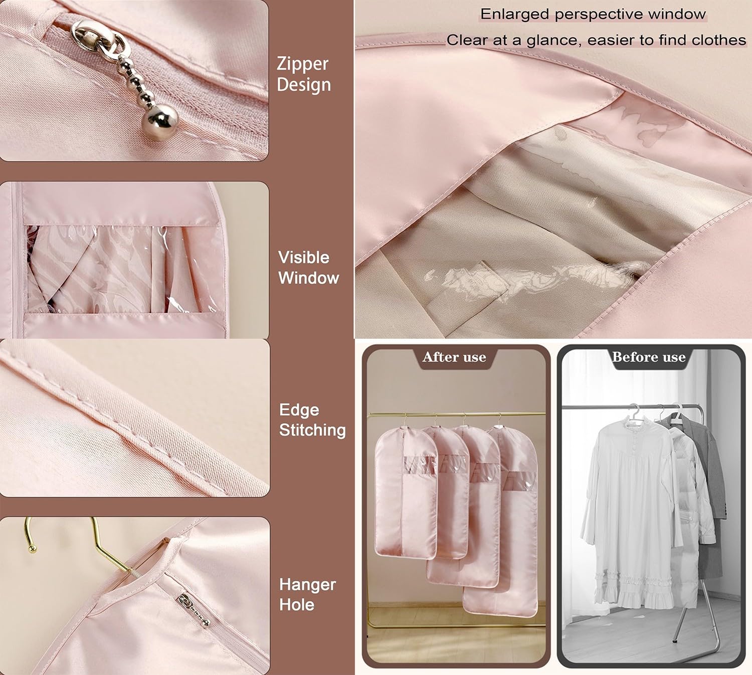 Kleiderhülle Zum Aufhängen,Dickes Kleidersäcke Mit Reißverschluss Aus Satin,Atmungsaktive Kleiderschutzhülle,Staubschutz Für Anzüge,Jacke,Hemd, Anzug,Kleid,Mantel,Langlebig,Waschbar