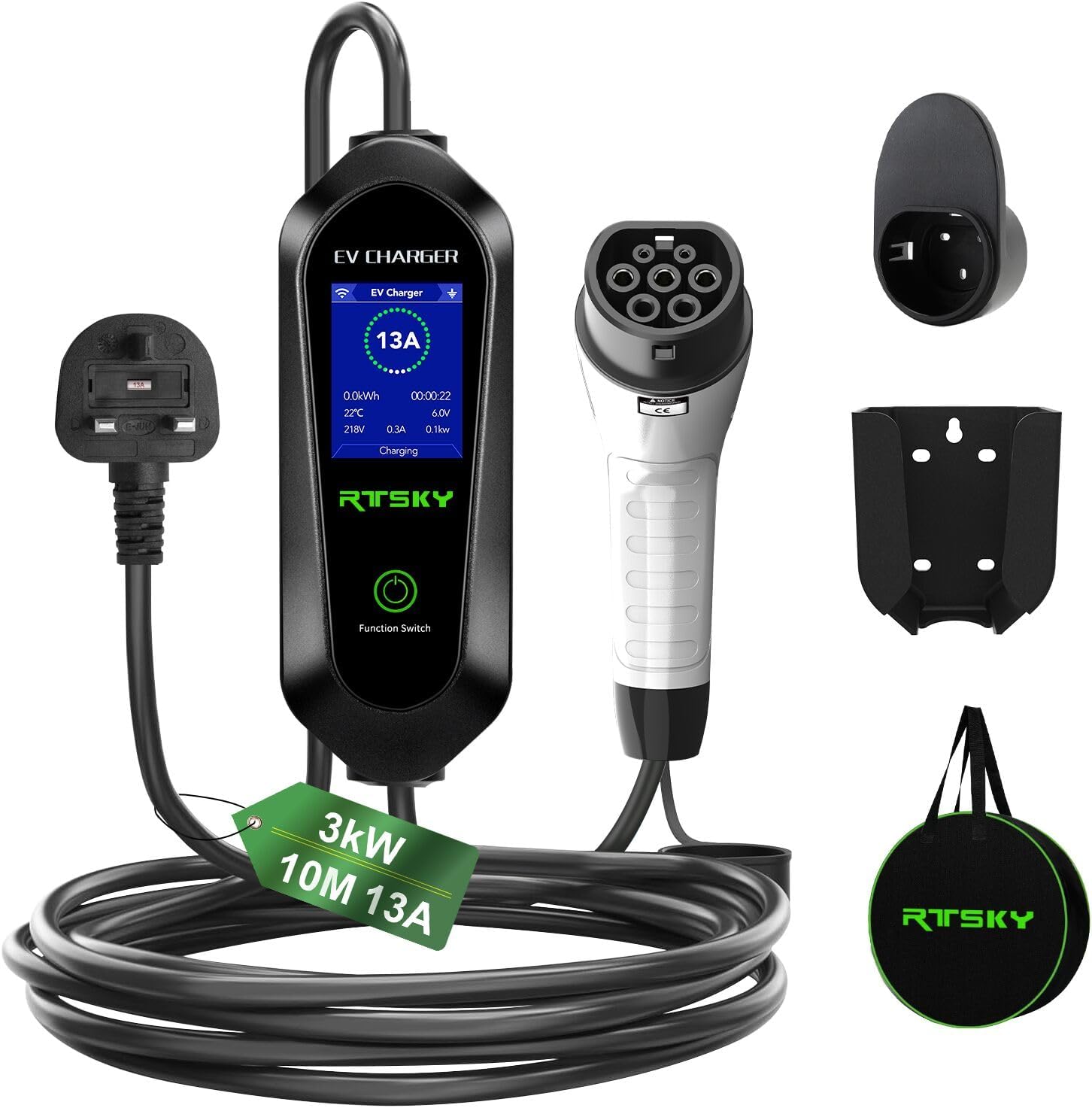 Ev Charger Cable Type 2 to 3 Pin UK Plug 10M, 3KW 13A with Adjustable Current, Includes UI Display Screen, Storage Bag & Wall Mount