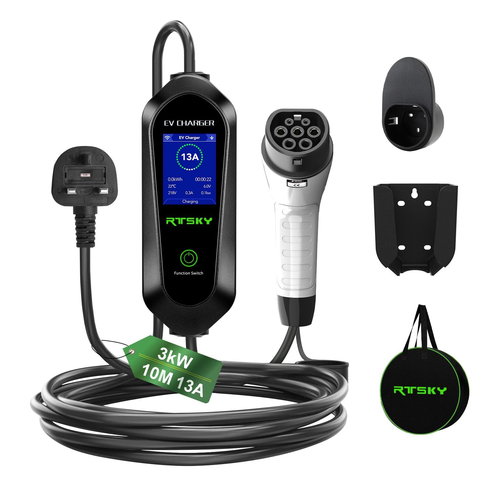RTSKY Ev Charger Cable Type 2 to 3 Pin UK Plug 5M, 3KW 13A with Adjustable Current, Includes UI Display Screen, Storage Bag & Wall Mount — view 9