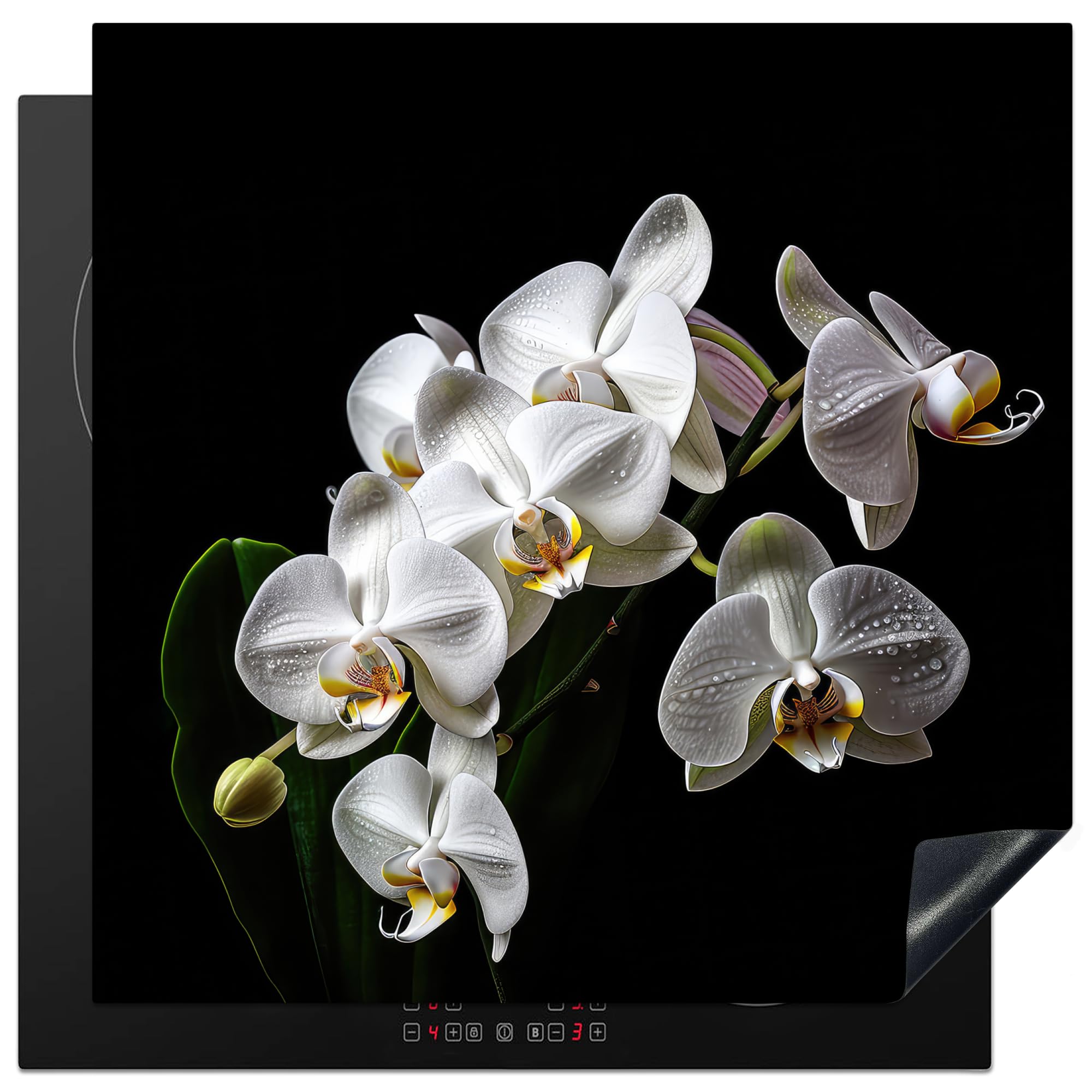 KitchenYeah© Herdabdeckplatte Einteilig Herdabdeckung Abdeckplatte für Ceranfeld Abdeckung Induktionskochfeld Aufrollbare Matte Orchidee - Blumen - Weiß - Natur - Schwarz und Weiß - 78x78 cm
