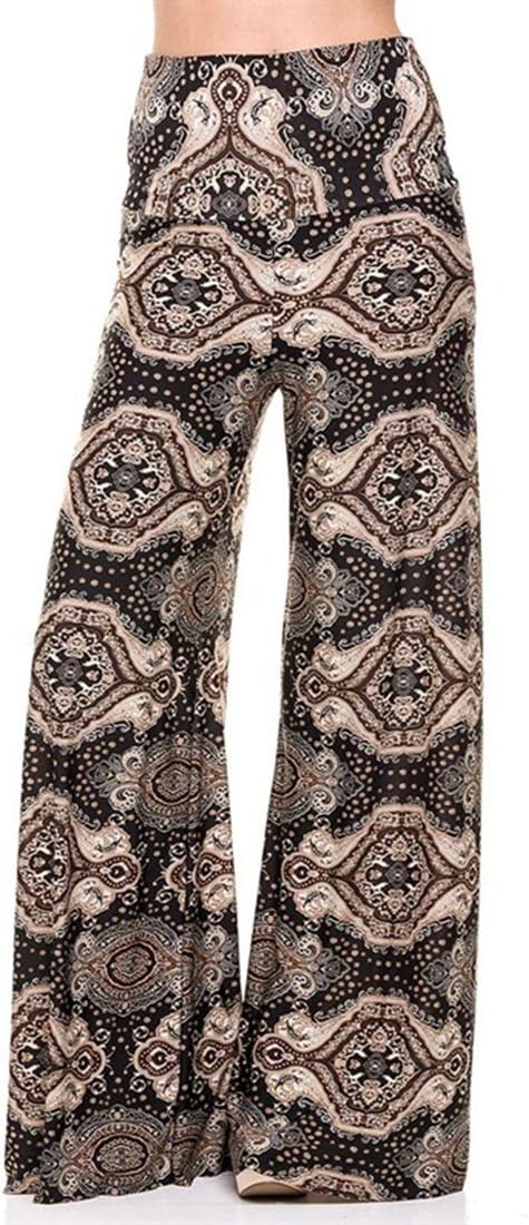 NioBe Plus Size High Waist Foldover Boho Palazzo Pants (2XL, Bronze Baroque)