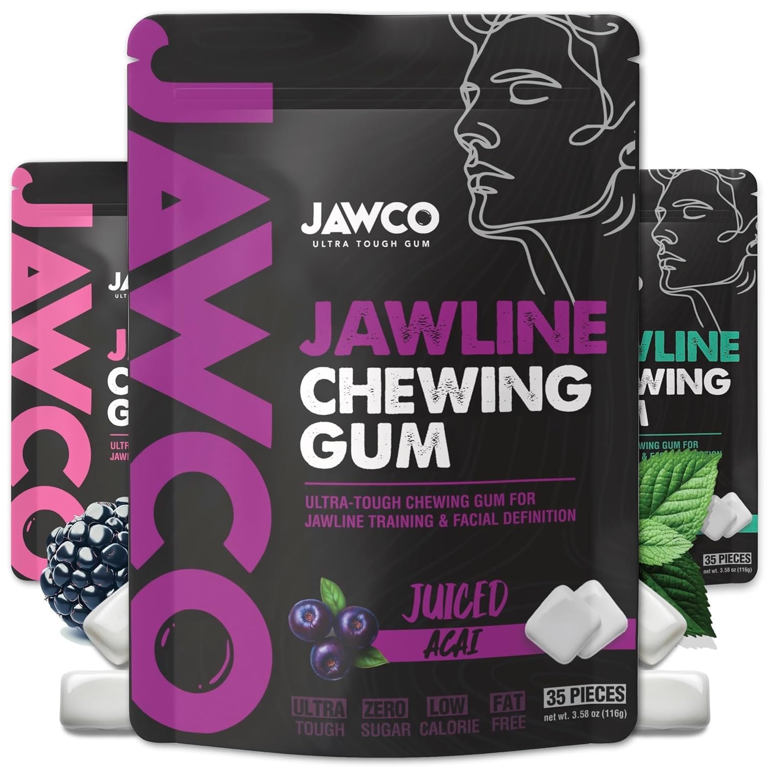 JAWCO Chicle Ultra-Tough Jawline Gum Pack 3 Unidades - Acai, Menta y Chicle