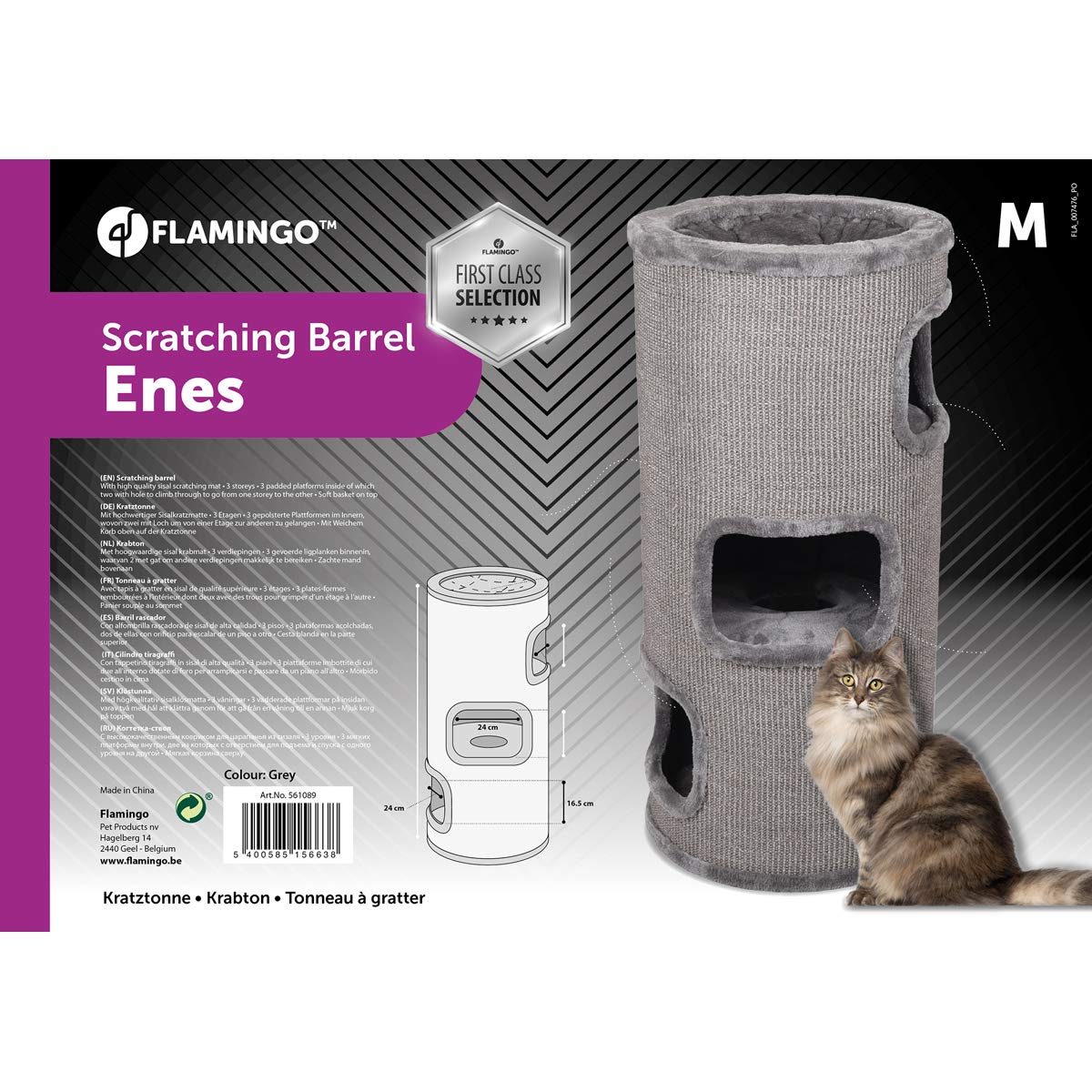 griffoir pour Chat – Tonneau à Gratter pour Chat - Flamingo Enes M - 90 cm Hauteur – Ø 42 cm - Gris