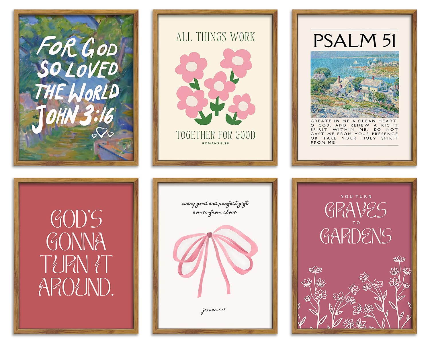 BingruiArt Christian Wall Art Posters Bible Verse Canvas Retro Pink Bow Psalm 51 Scripture Christ Jesus Artwork Decor Religious Pictures Poster Prints