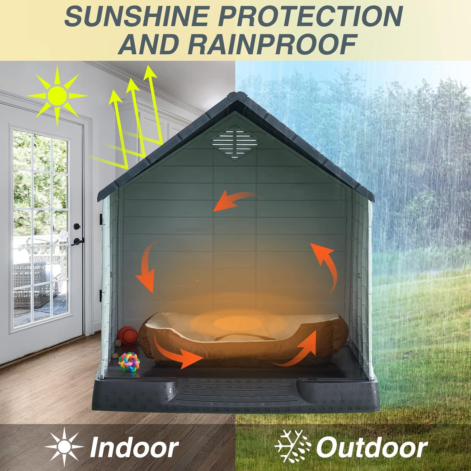Plastic Outdoor Indoor Dog House for Medium Dog, Insulated Water-Proof Kennel with Air Vents Elevated Floor, Durable,Easy Assemble and Clean, Gray, 32'' (PPDH01)