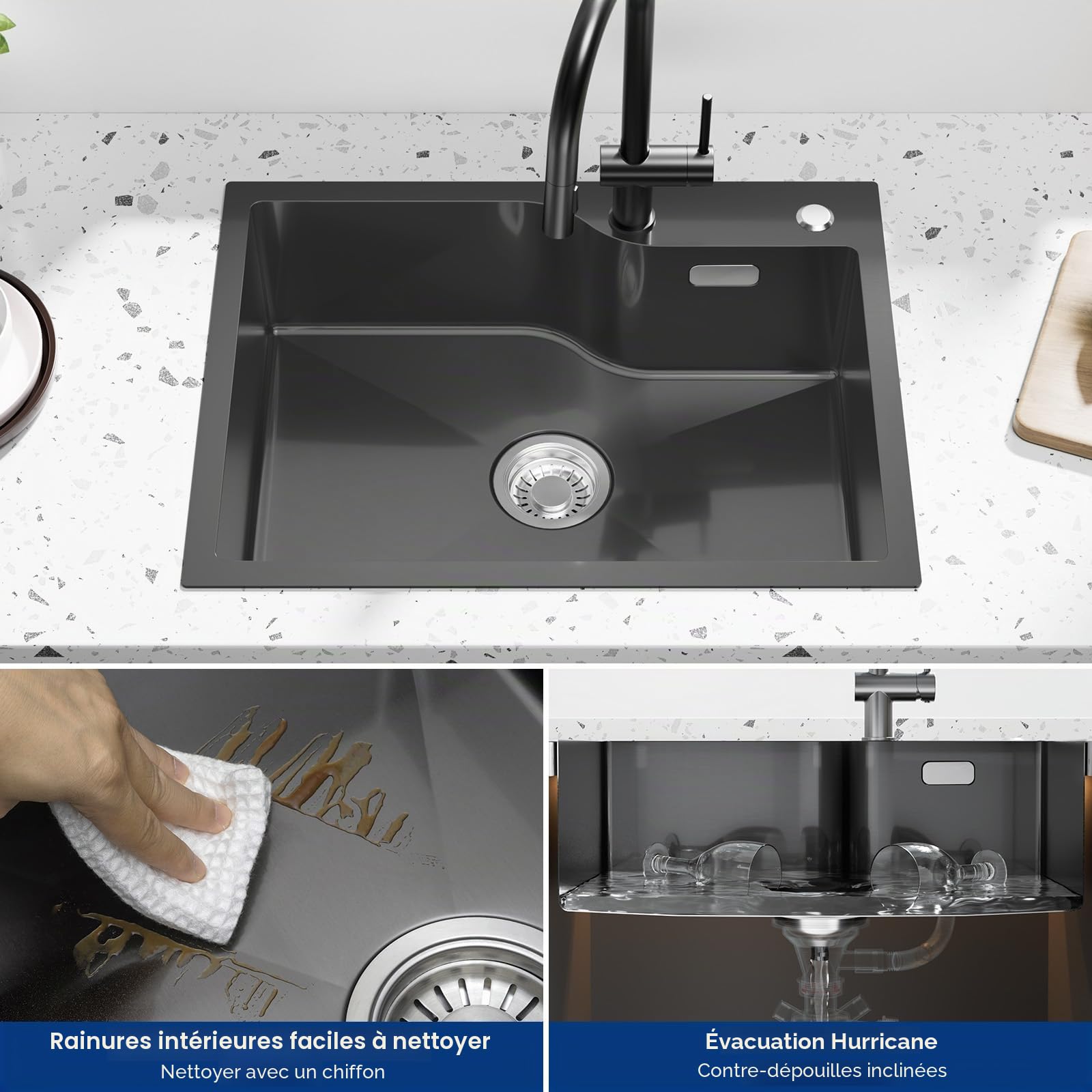 CECIPA Évier noir en acier inoxydable 60x45 cm, Évier anthracite avec panier d'égouttement, Évier de cuisine noir avec trou de robinet pour à partir de 60cm, Évier encastrable en acier inoxydable avec