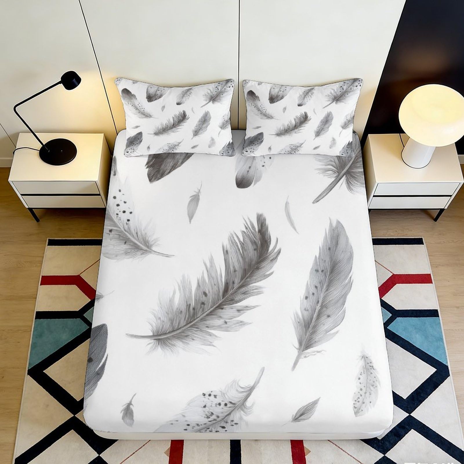 3D Printed Feather Pattern Fitted Sheet Microfiber Soft Grey Feather Mattress Cover for Bedroom Guest Room Dustproof Easy Care 90x200x25cm