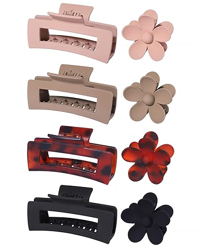 BVGA Pinzas de pelo rectangulares grandes de 4.1 pulgadas, para cabello grueso, pinzas de pelo de flores mate, para mujeres, cabello rizado fino y