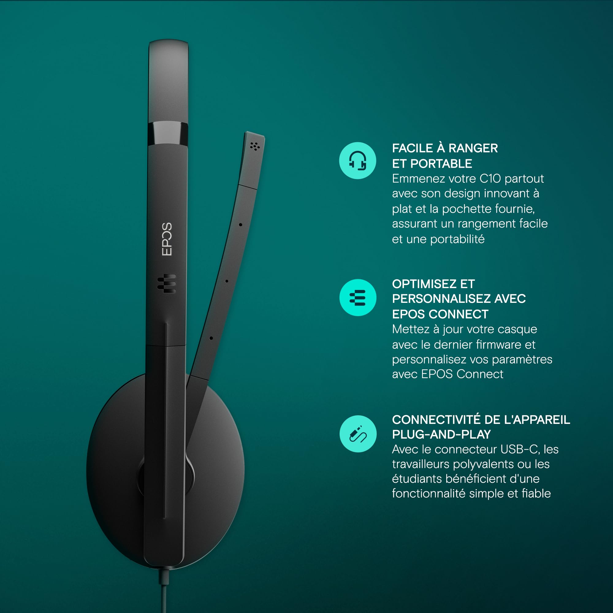 EPOS Casque Filaire C10 3,5 mm: Son Stéréo Supérieur, Design Élégant, Prêt-à-l'emploi, Micro Anti-Bruit, Compatible Chromebook