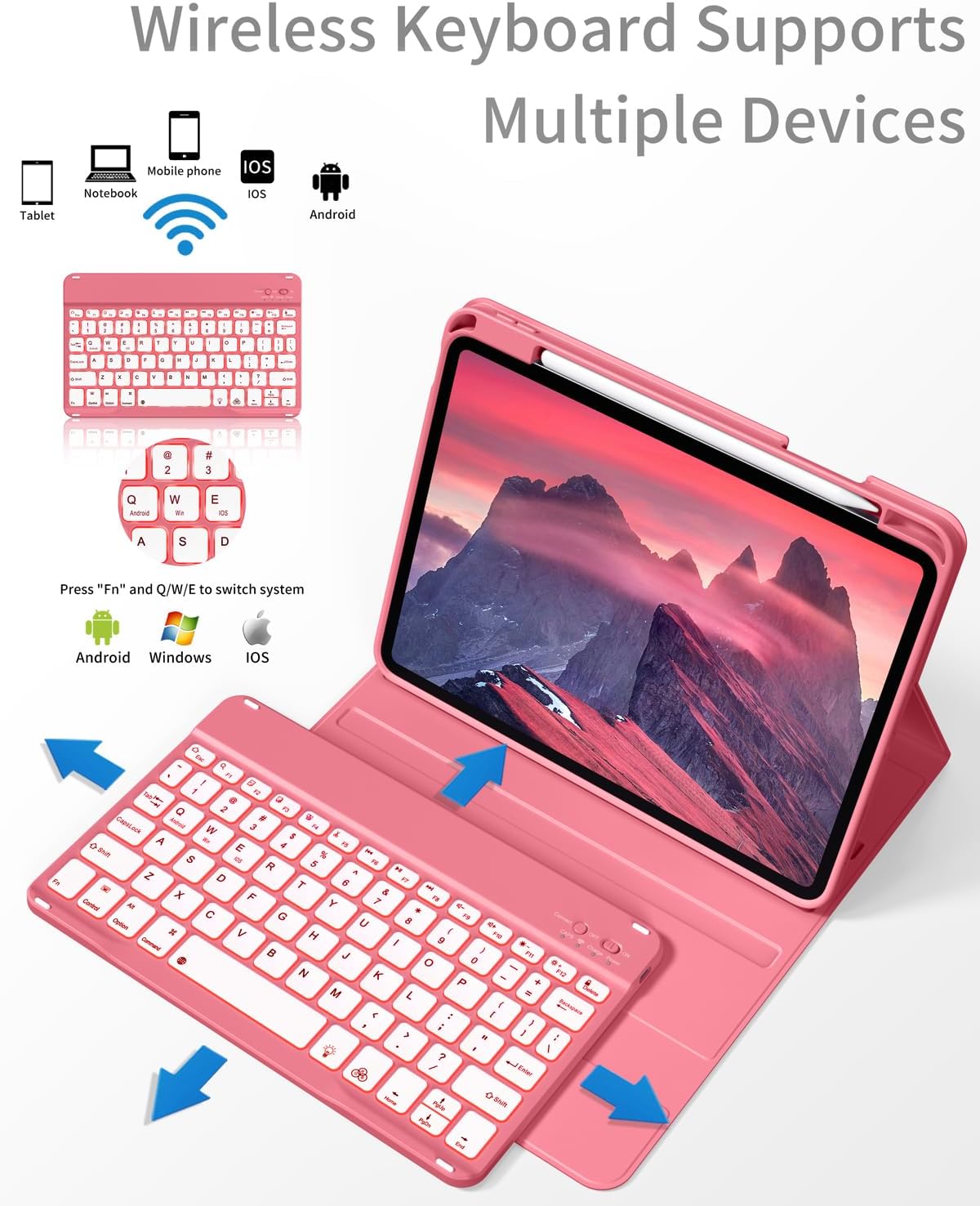 for iPad (A16) 11th 10th Generation Case with Keyboard - 7 Colors Backlit Wireless Detachable Folio Keyboard Cover with Pencil Holder for iPad 11/10.9 inch 2025/2022 (Pink) - Image 6