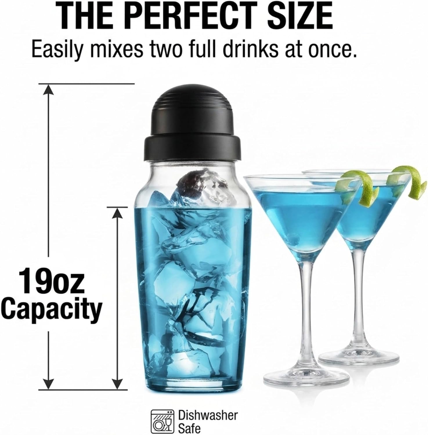 Glass Cocktail Shaker, Martini Drink Shaker Bottle, 19oz, Made in Italy