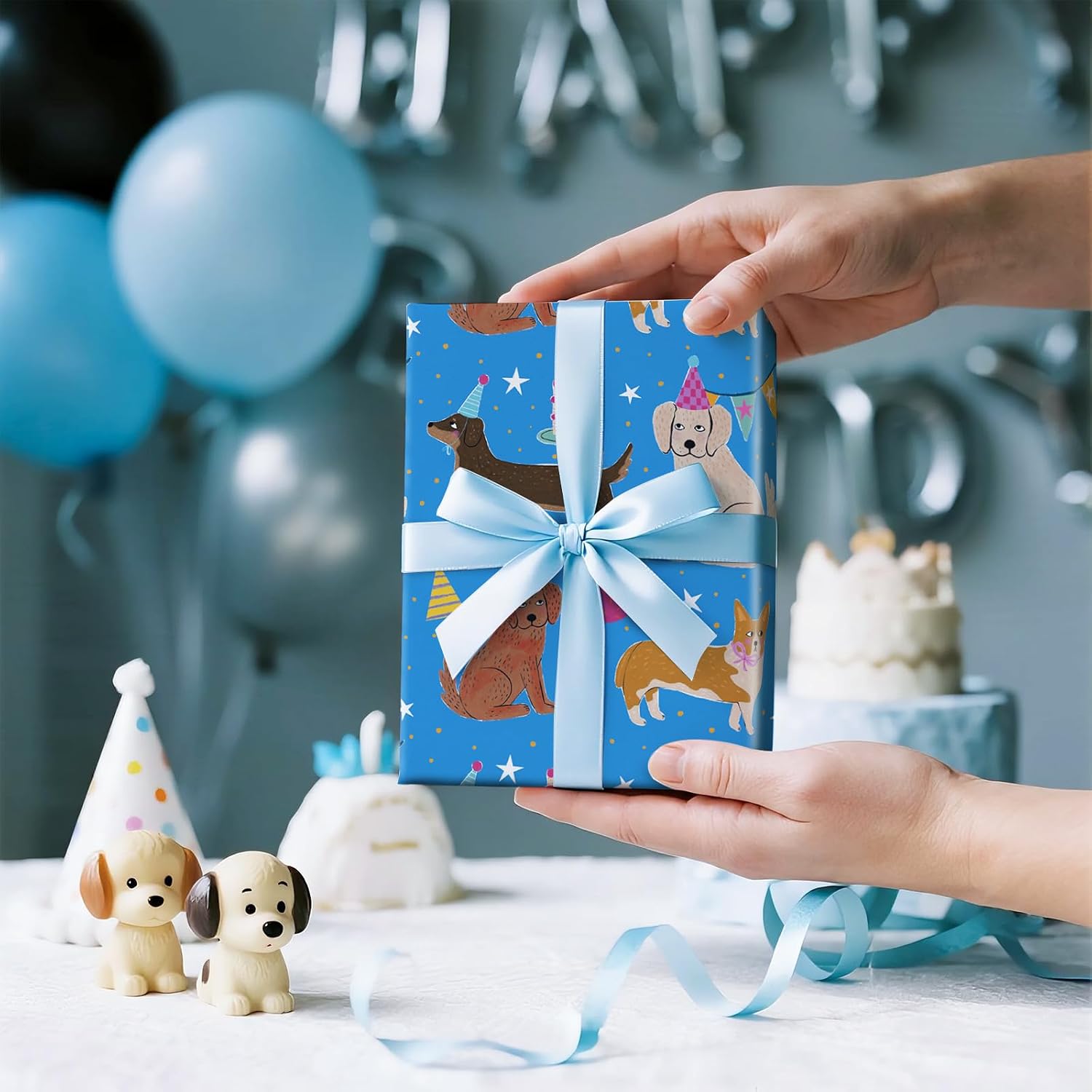 RUSPEPA Dog Birthday Wrapping Paper Roll for Boys, Mini Roll, Cute Cartoon Dog with Party Hats, Cakes and Balloons Design, Blue Gift Wrap for Kids, Pet Lovers, Pet Birthday, 17 Inches x 16.4 Feet image 5
