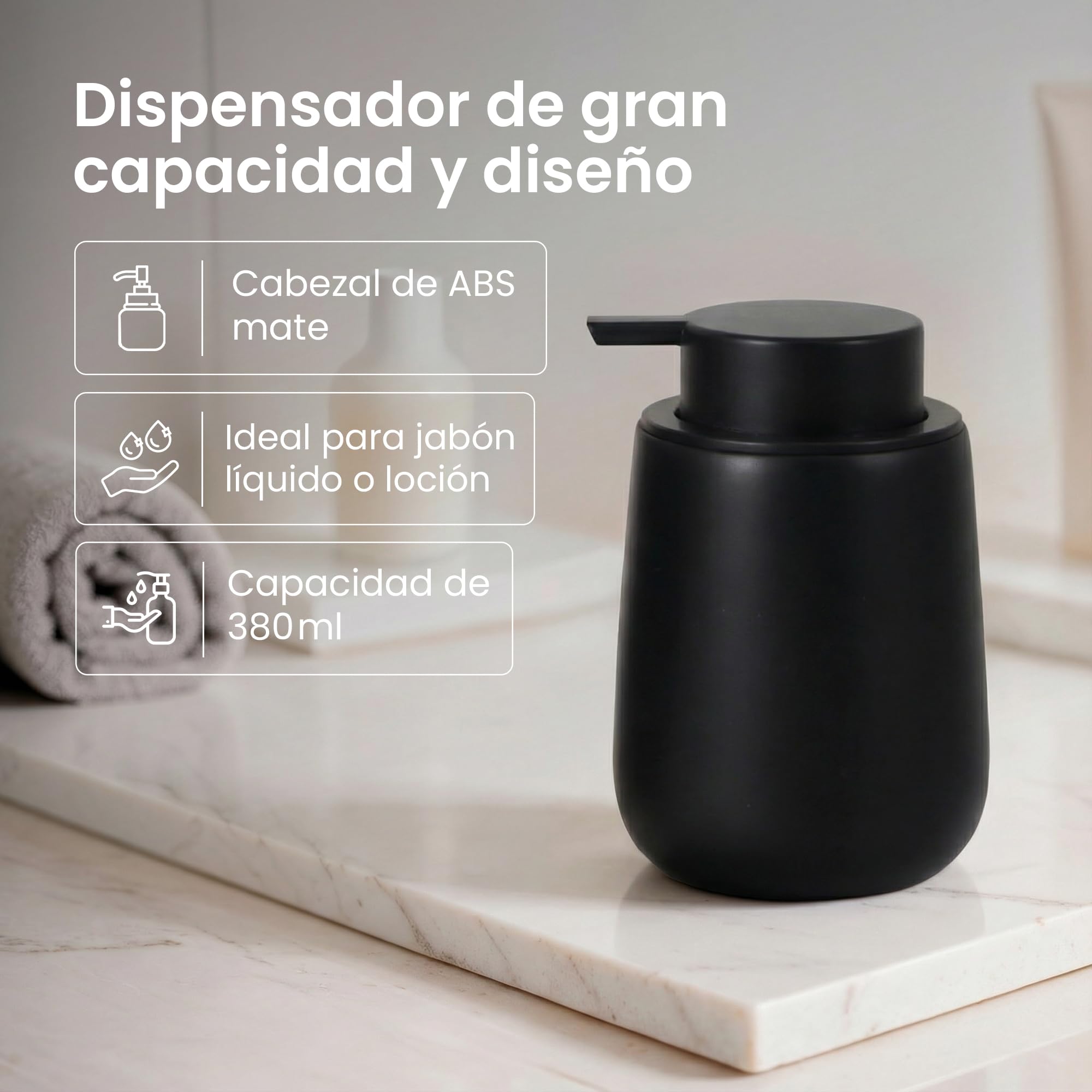 Set de Baño Moderno de 3 Piezas, Accesorios de Resina | Dispensador de Jabón 380 ml + Vaso para Cepillos de Dientes + Escobilla de Inodoro, Juego de Aseo Diario, Libre de BPA (Negro)