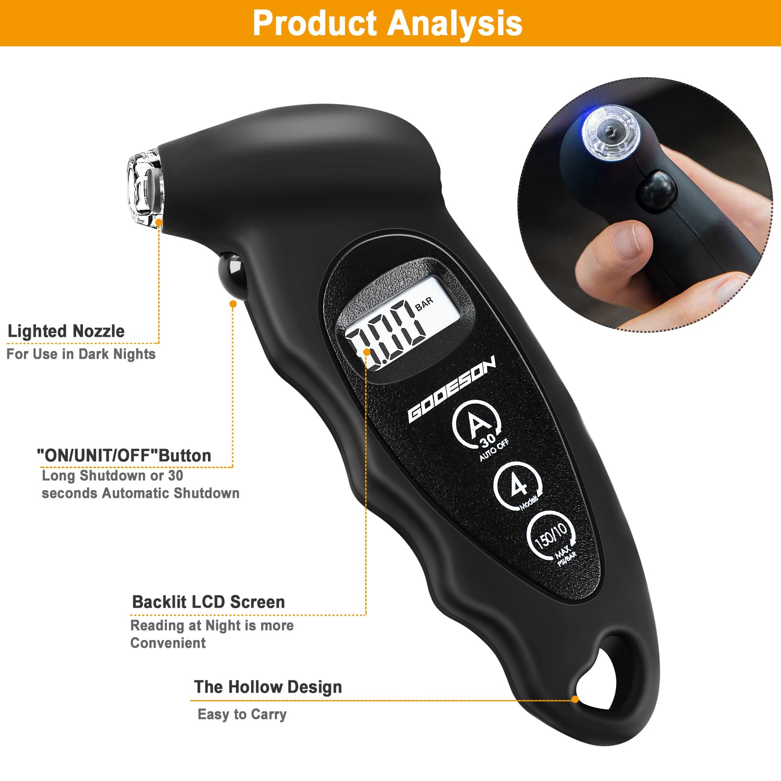 GODESON Manometro digitale per pneumatici, 150 psi, 10 bar, 4 impostazioni, accessorio per auto con LCD retroilluminato, manometro per pneumatici adatto per auto, camion, biciclette, moto