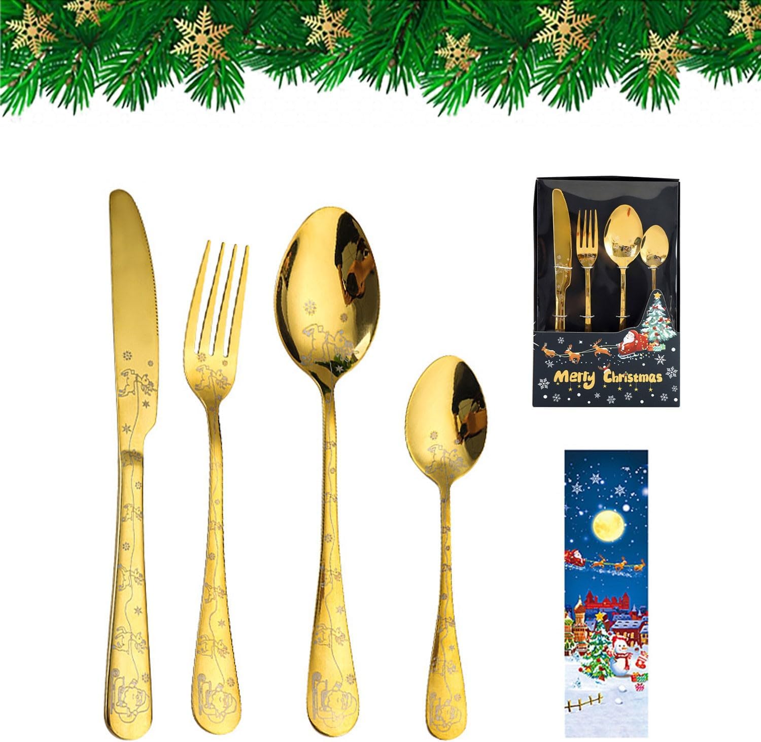 stainless steel christmas coffee spoon and xmas dinner forks setCreative Christmas stainless steel tableware 4-piece gift set suitable for family dinners and friends gatherings(Color:5)