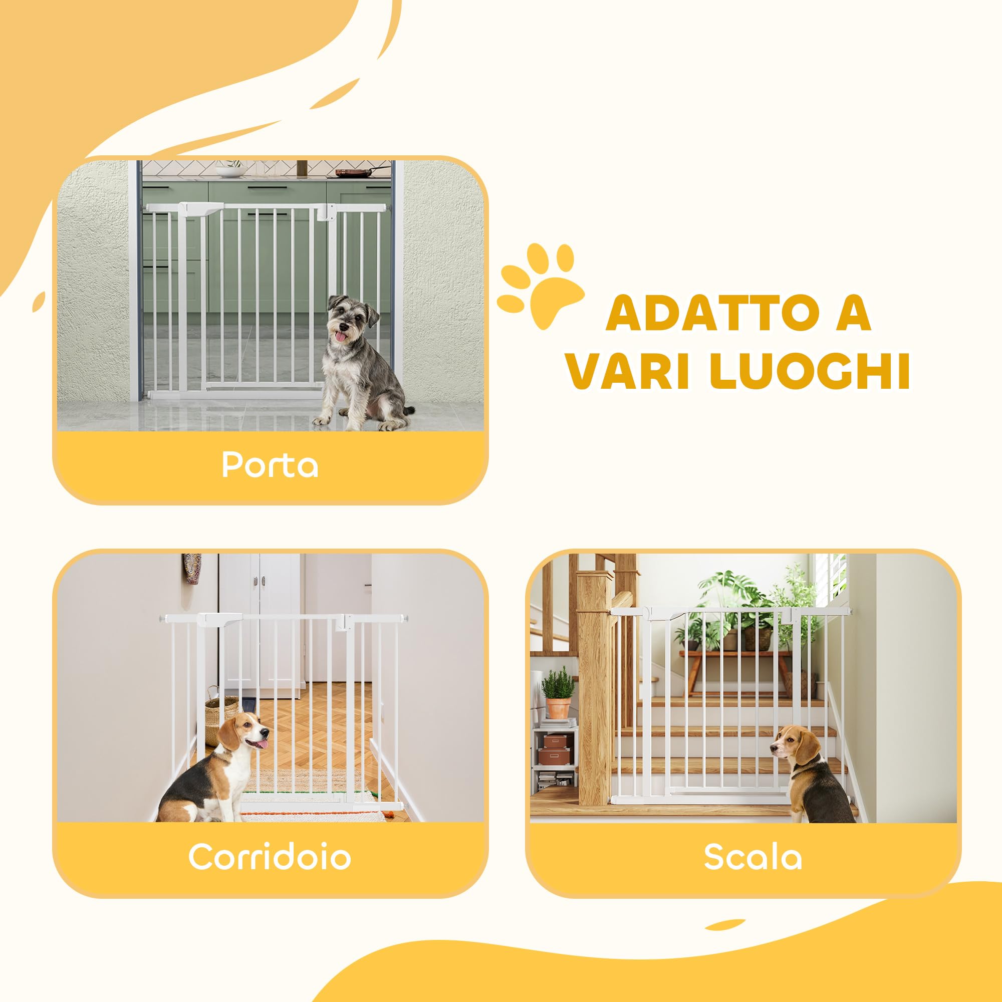 PawHut Cancelletto di Sicurezza per Bambini Cani, Estensibile 76-102 cm, Alto 76 cm, Cancellino per Cani, Scale Porte, Chiusura Automatica, Fissaggio a Pressione Senza Fori, Apertura a Due Vie, Bianco