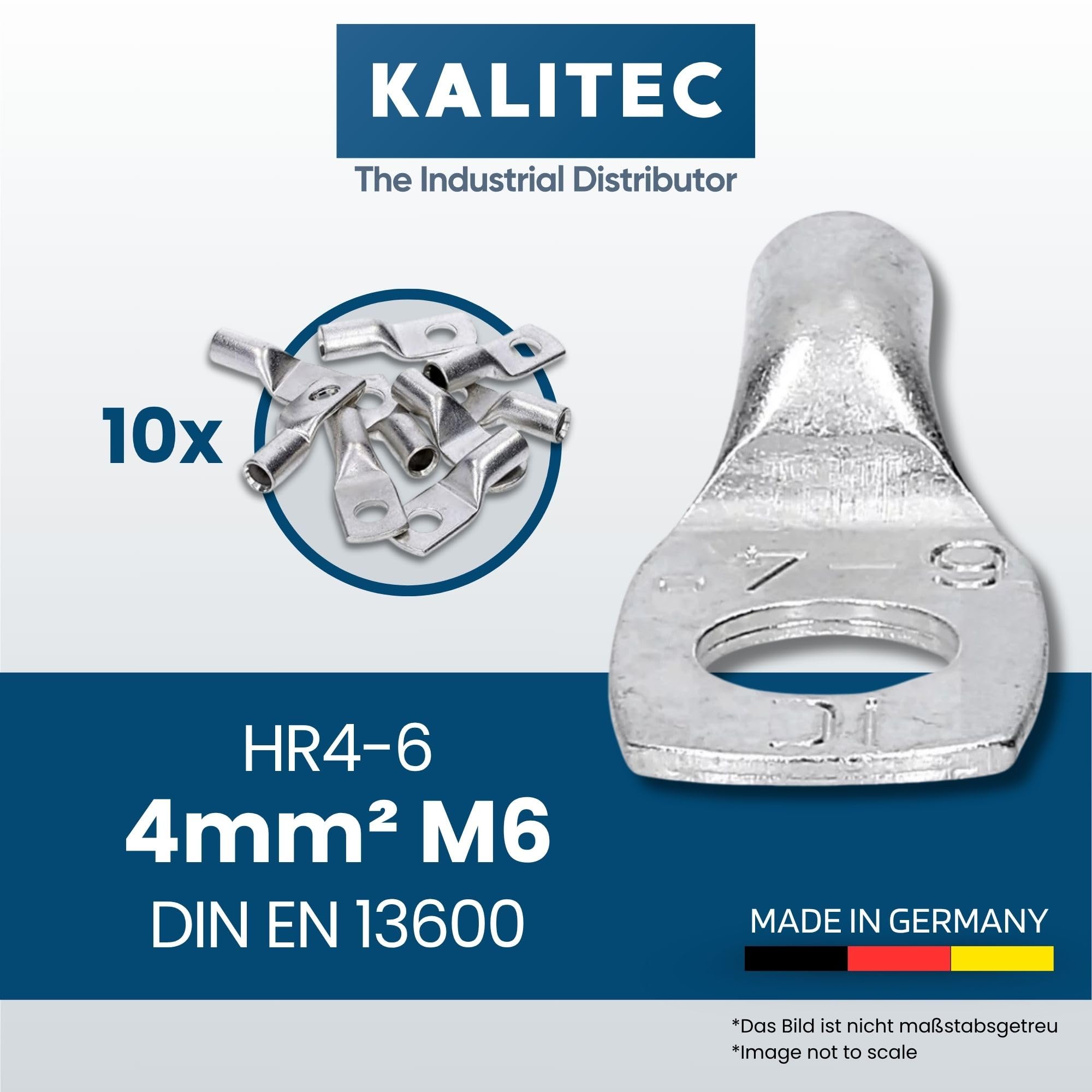 Kalitec HR4-6, 10 standardowych końcówek kablowych 4 mm² M6 I bez widocznego otworu I Made in Germany