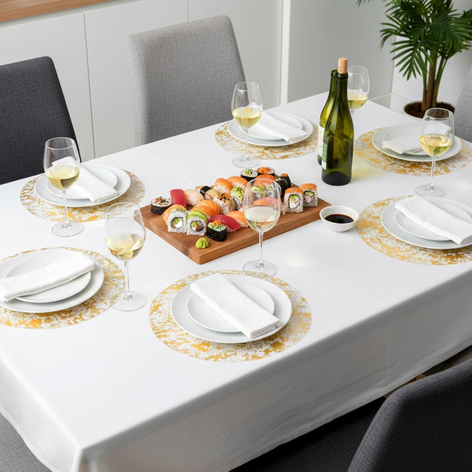 100 Pcs Disposable Gold Placemats Set, 13" Round Metallic Gold Foil Mesh Table Doilies, Metallic Thin Mesh Pressed Table Runner Golds Charger Doilies for Wedding Birthday Party Dining Decor