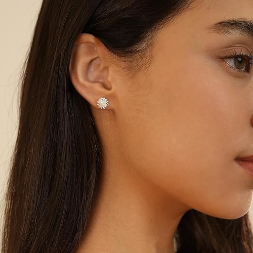 Miniatura 6 de Aretes de ópalo de fuego blanco de 0.177 x 0.177 in, delicados aretes redondos de ópalo con piedra natal de octubre, aretes de ópalo delicados