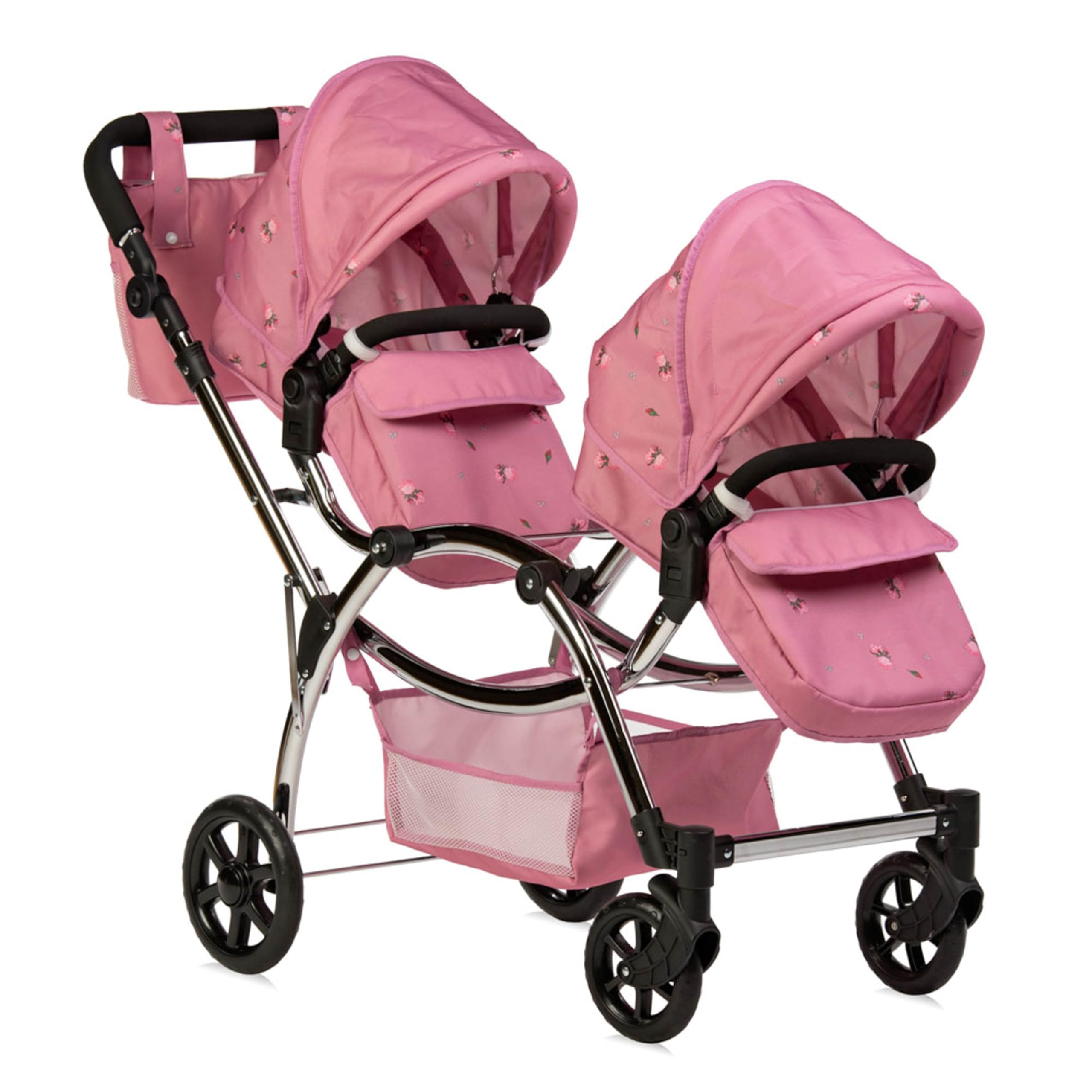 Roma Darcie Zwillingspuppenwagen in Rosa, Geeignet von 3 bis 16 Jahren, Verstellbare Griffhöhe, 16 Kombinationen, Doppel-Puppenwagen