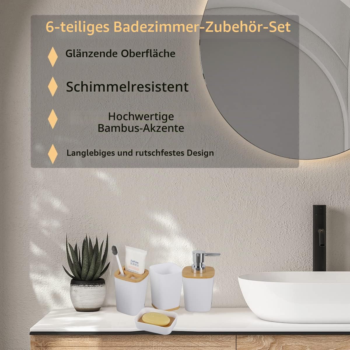 JETAINE 6-teiliges Bambus-Badezimmer-Zubehör-Set, luxuriöses modernes Accessoire, WC-Zubehör mit Mülleimer, Zahnbürstenhalter, Tasse, Seifenschale und Seifenspender