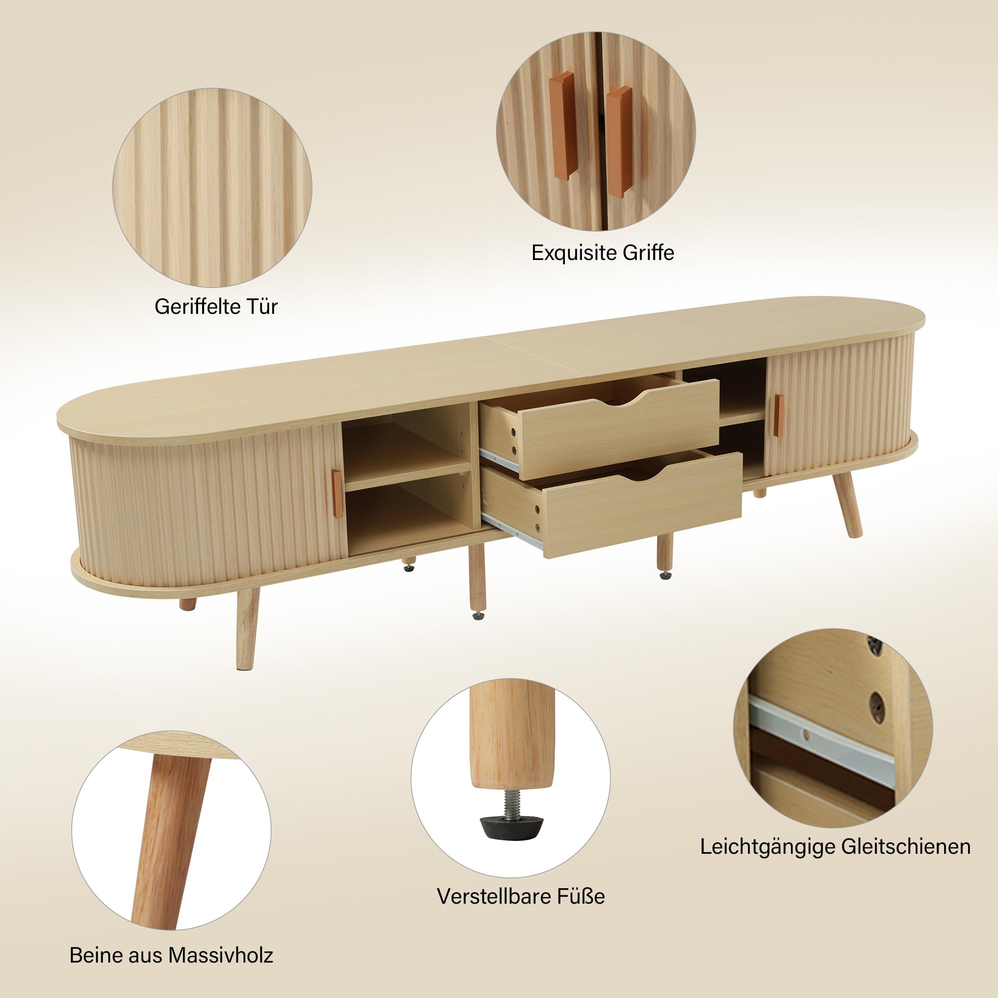 Mueble para TV de salón con espacio de almacenamiento + tablero de fibra de densidad media redonda de grano de madera, 2 cajones, capacidad de carga 30 kg, tamaño 175 x 40 x 42 cm