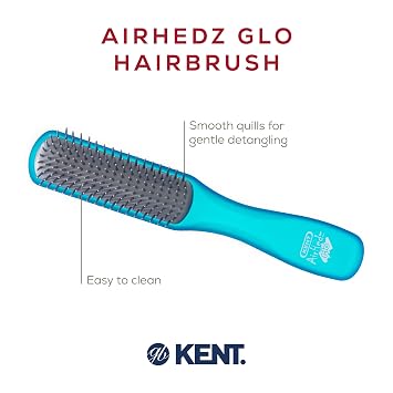 Kent AHGLO02 Airhedz Glo Blue Half Round Narrow Detangling Hair Brush - 9 Row Ionic Anti Static Non Scratch Long Nylon Bristle Great for Detangling and Smoothing Medium to Long Length Hair