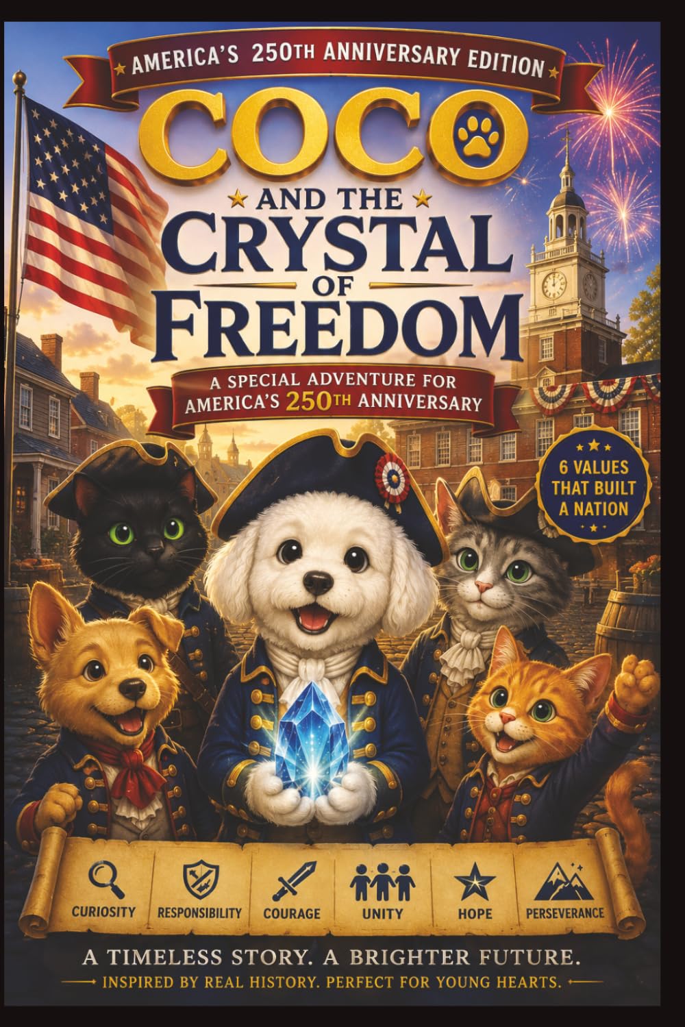 COCO AND THE CRYSTAL OF FREEDOM: A Time-Travel Adventure Celebrating America's 250th Anniversary Through Courage, Friendship, History, and the Six Values That Built a Nation