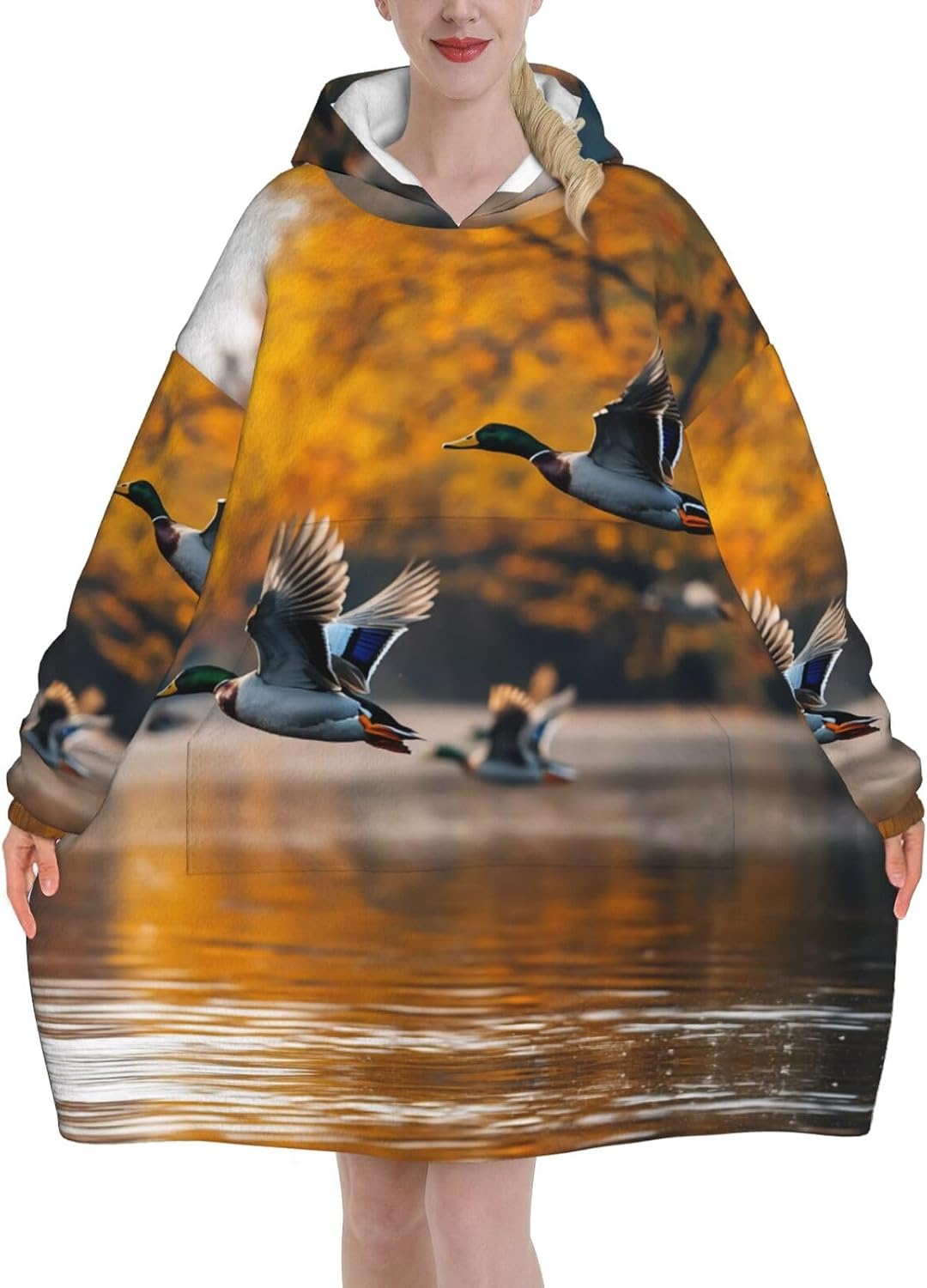 Hunting Flying Wild Ducks Print Blanket Hoodie Fleece Sweatshirt Blanket With Sleeves And Pockets