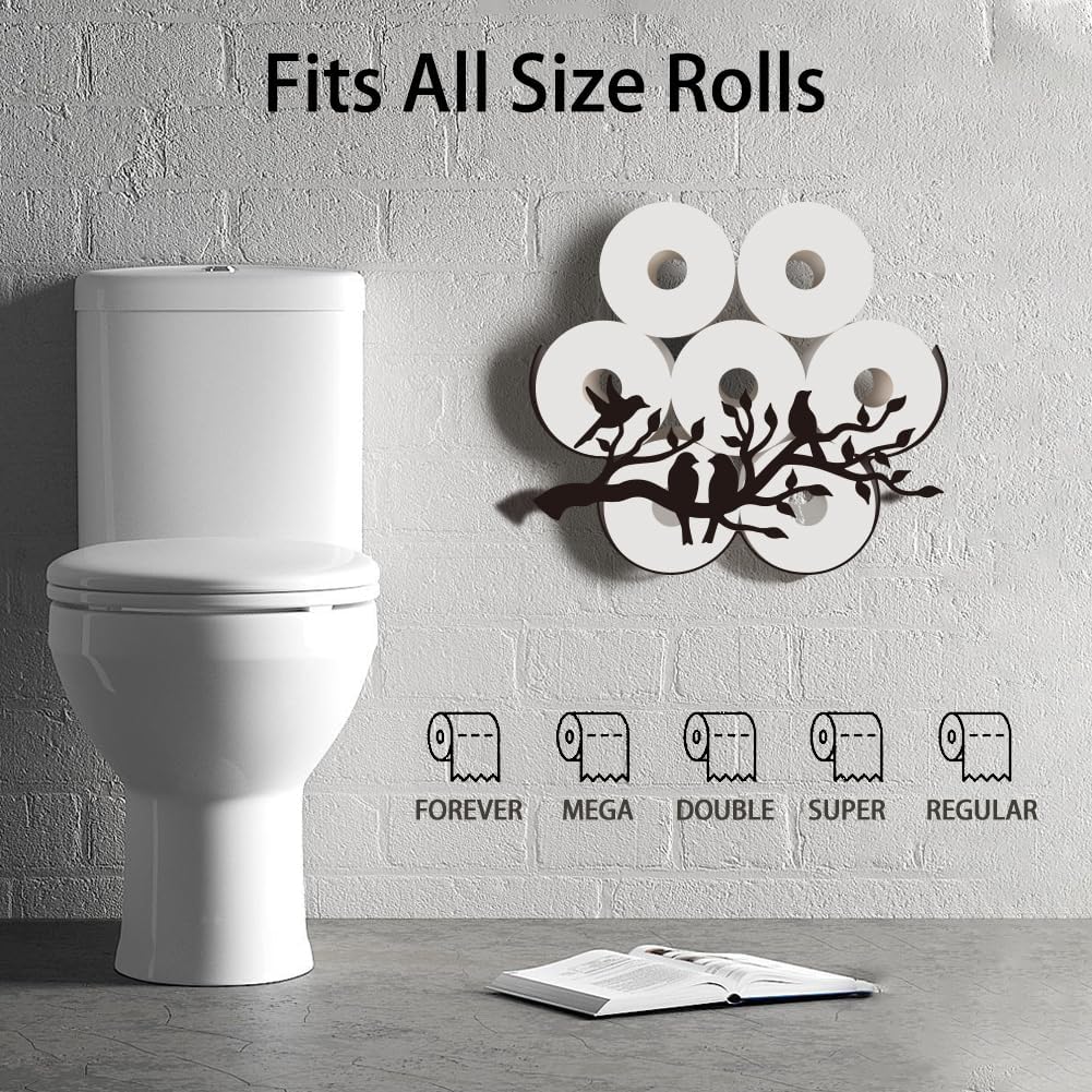 WADORN Bird on Branch Toilet Paper Holder, Metal Bird Wall Mounted Toilet Paper Storage for Extra 8 Rolls Funny Toilet Paper Organizer Toilet Paper Roll Holder for Bathroom Home Office Décor