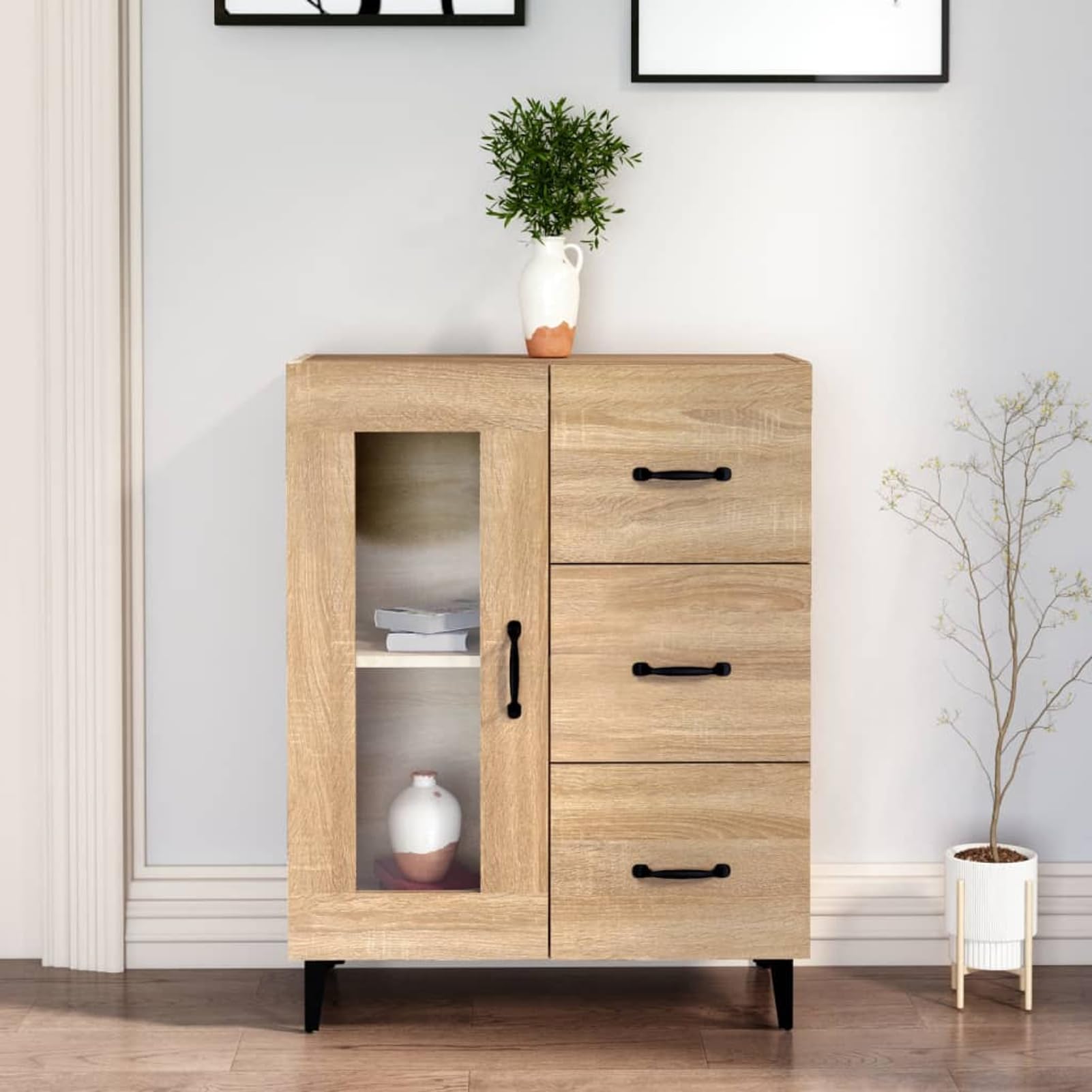 Gecheer Aparador Aparador Cocina Buffet para Comedor con Armarios Cajones Estantes Vitrinas Almacenaje Multiusos Mesa Consola Auxiliar Madera Color Roble 69,5x34x90 cm