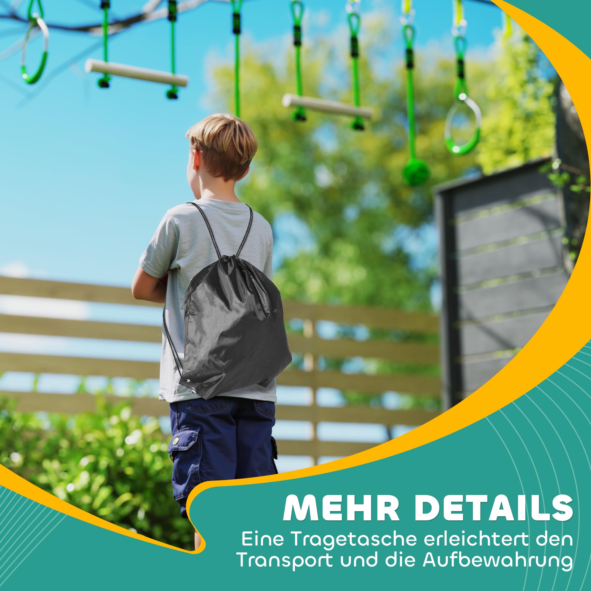 AIYAPLAY Seilrutsche Kinder 10 m Seilbahn Set für Kinder Outdoor Slackline mit 2 Turnringe, 2 Kletterstangen und 3 Spinnerräder, Backyard Zip Line Kit für Hinterhof Garten