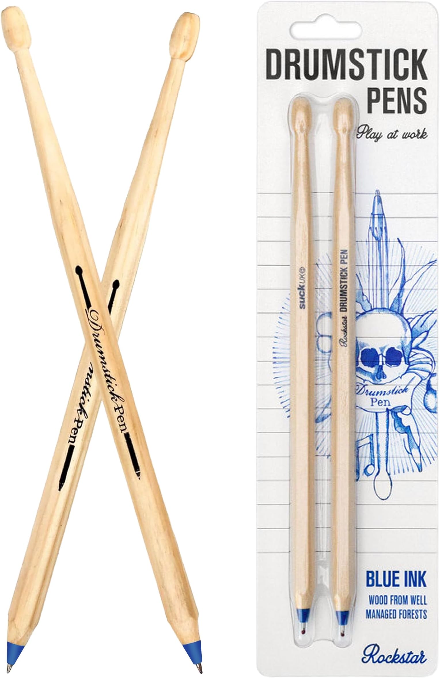 Suck UK Drumsticks Ballpoint Pens - Novelty Drummer Gifts for Men & Music Lovers - Wooden Drumstick Shaped Pen - Unique Office & School Stationery Supplies - Cool Drum Kit - Set of 2 Blue Pens